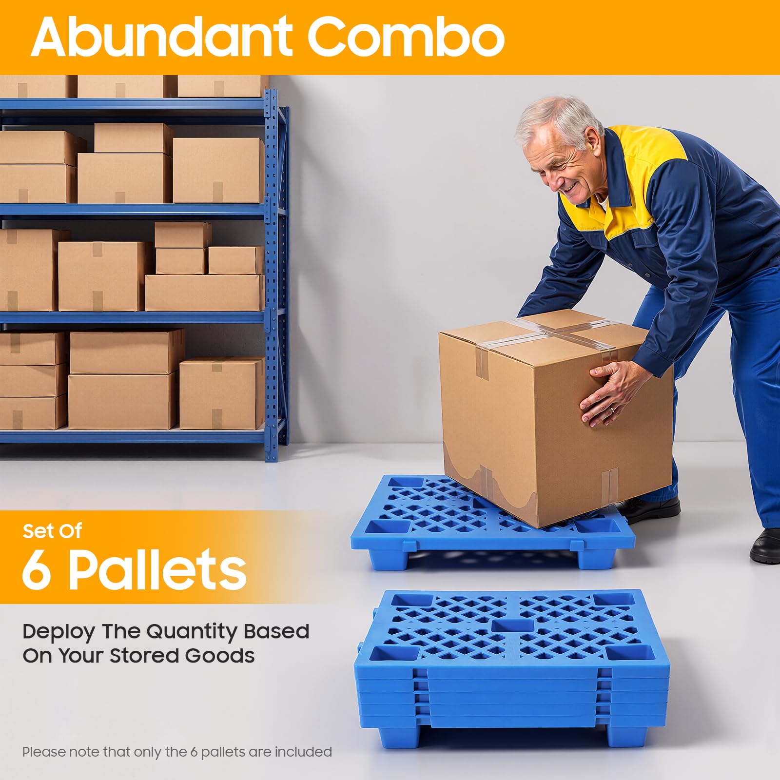 Lot de 6 palettes en plastique empilables 60 x 40 x 10 cm - Palettes légères avec fond cannelé et raccord à clipser pour entrepôt, logistique, extérieur, cuisine, buanderie, jusqu'à 100 kg (bleu)