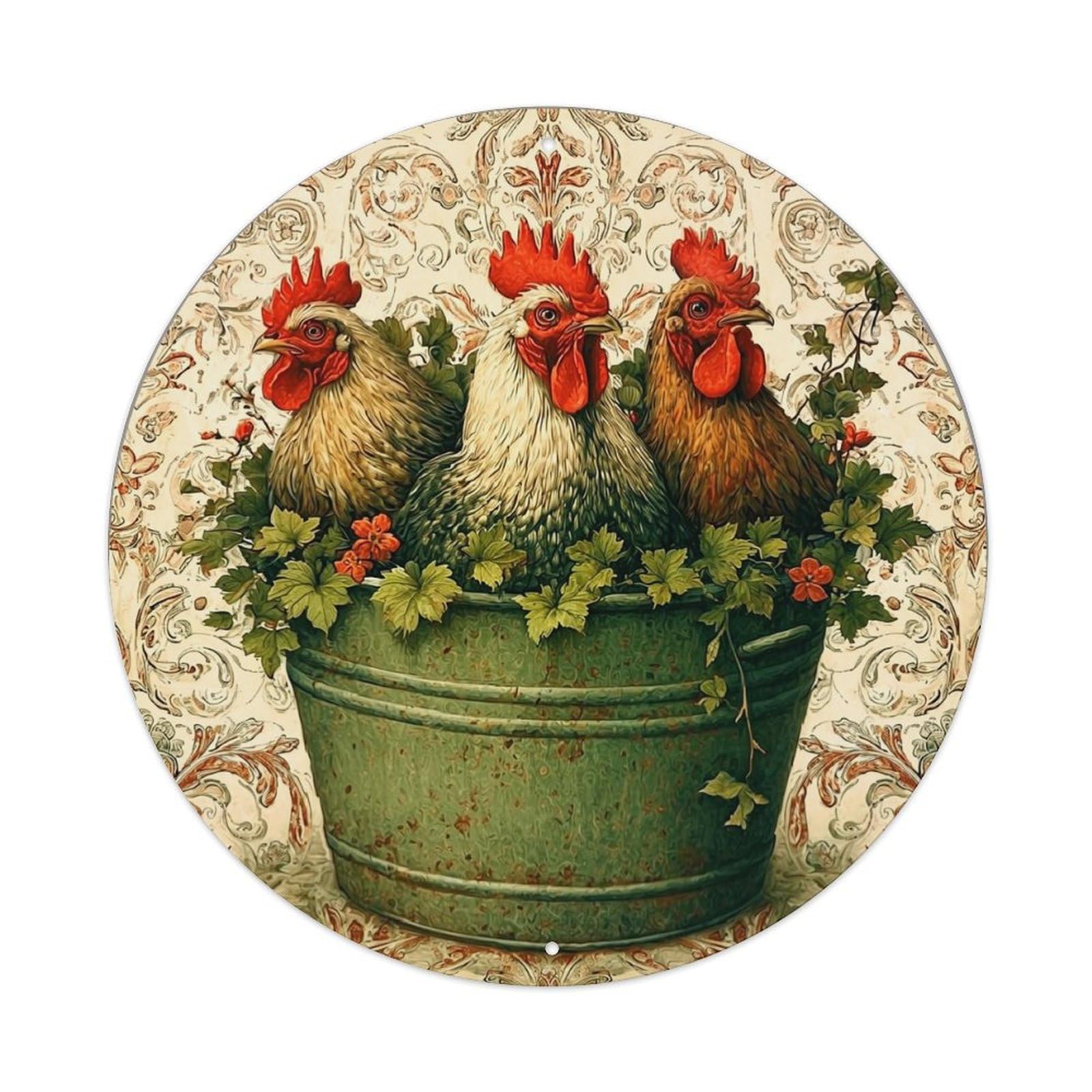 Jdyaojiesheng Vintage Chicken Plant Pot Floral Pattern Round Tin Sign Retro Metal Wall Decor Metal Poster, Home Bar Garage Farmhouse Cafe Wall Art Decoration 8X8inch