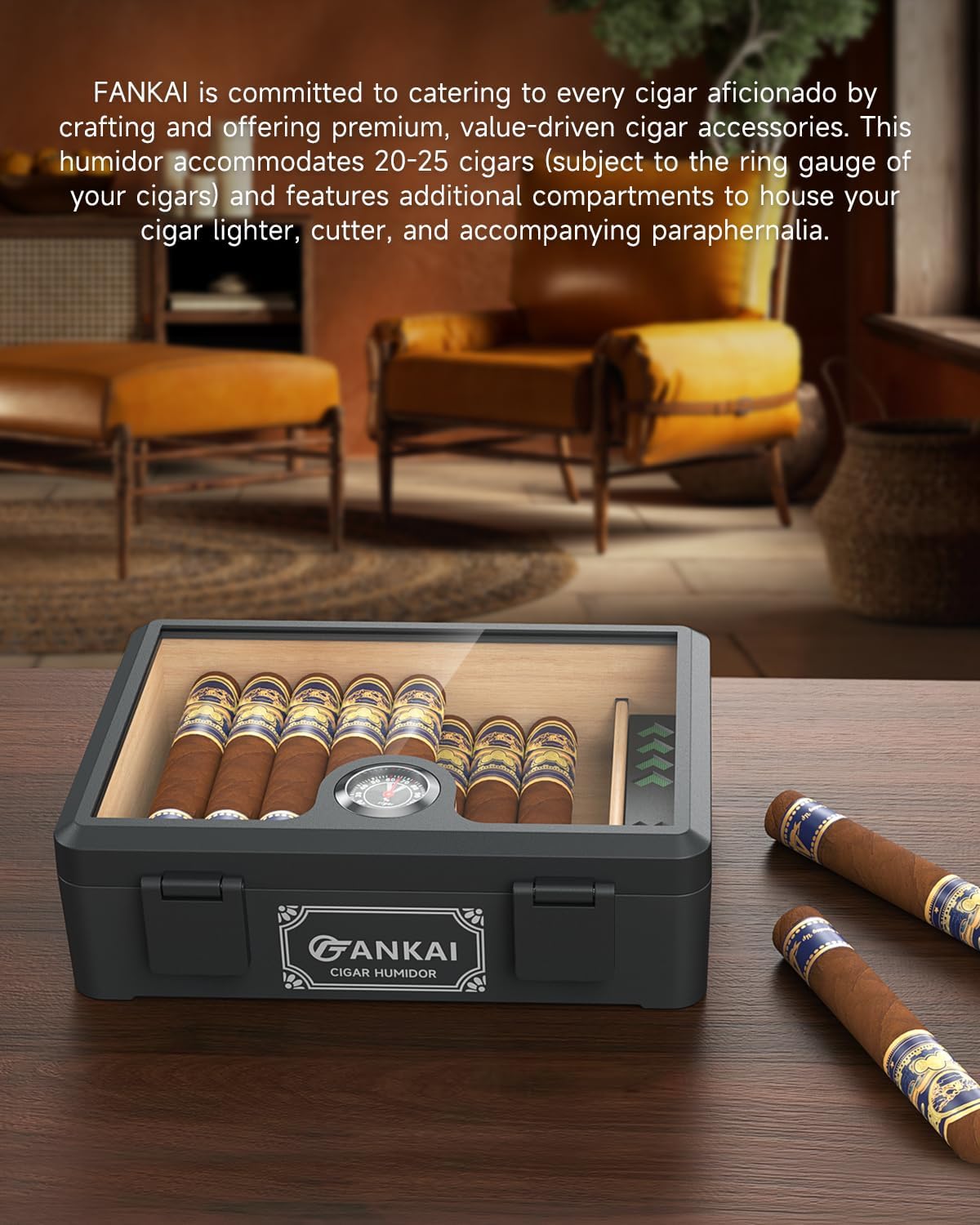 Cigar Humidor, Full Glass Top Cigar Box with Humidifier and Hygrometer, Drop-proof Crushproof Cigar Case, Cedar Wood Lining Storage Box with Divider for 20-25 Cigars (Black) - Image 8