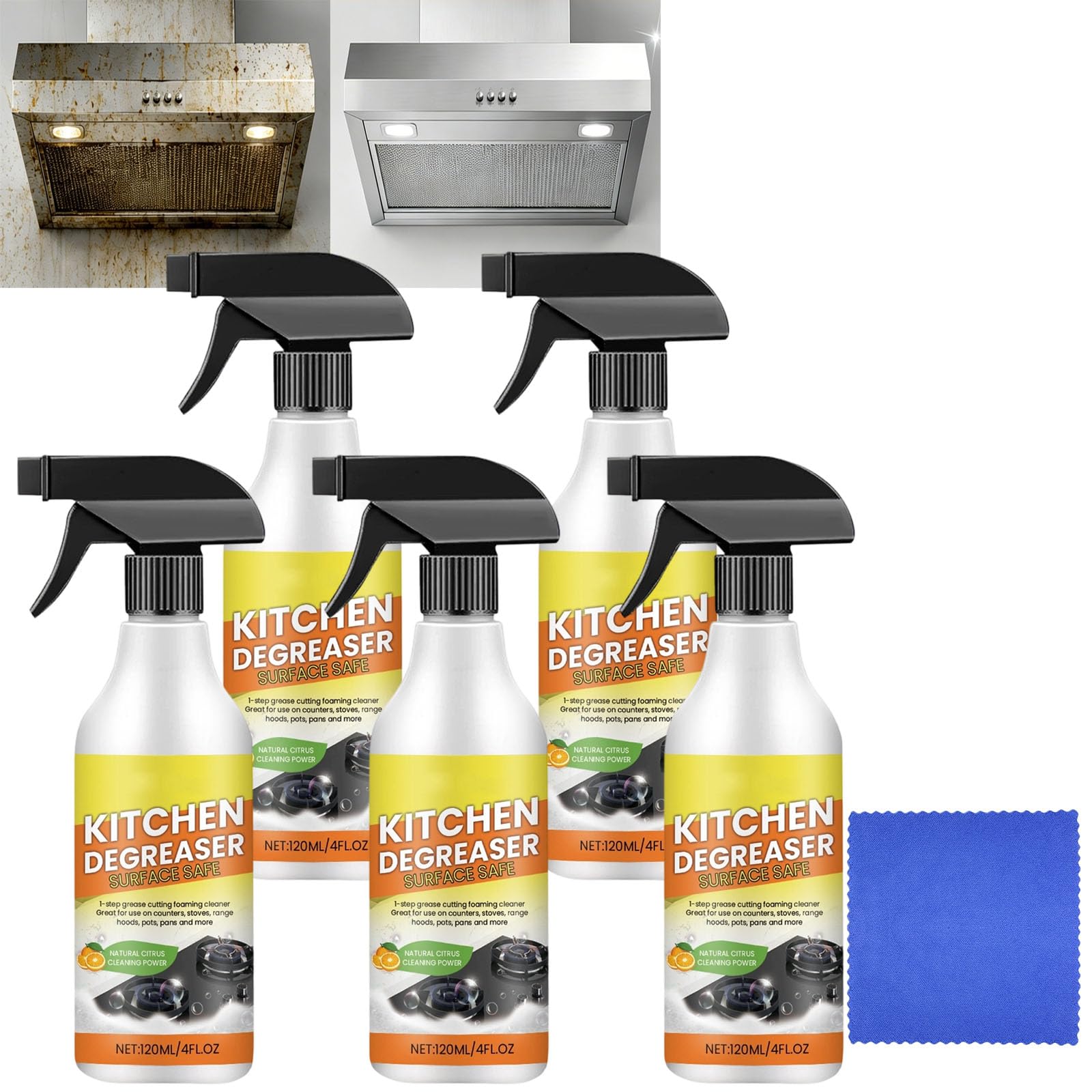 Limpiador de cocina en aerosol, limpiador de espuma multiusos para placa de cocina, cocina, encimera, horno y campana extractora, incluye paño de limpieza (5 unidades)