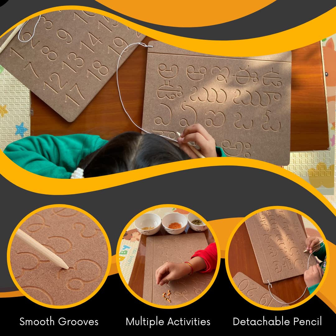 CRYA Telugu Educational Tracing Wooden Board for Kids | Handwriting, Counting and Learning Montessori Slates | Reversible Set of 2 Puzzles (Telugu, Cursive English and Numbers)