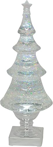 Roman Árbol de Navidad navideño con purpurina con luz LED, 14 pulgadas de alto, plateado y transparente