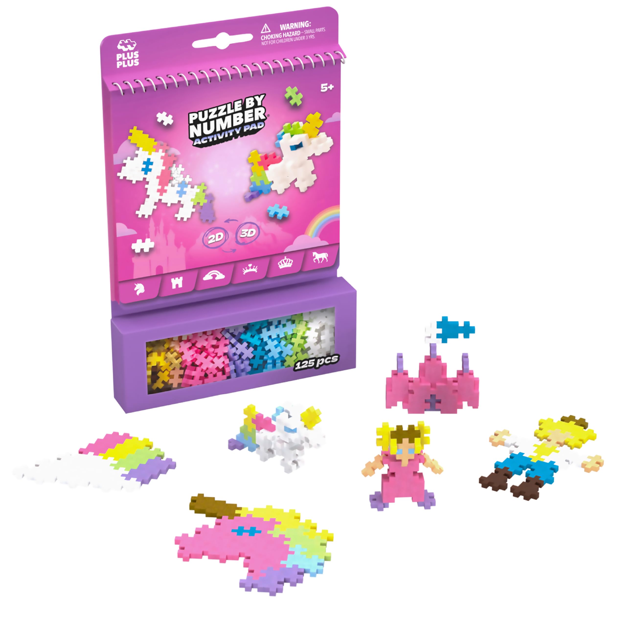 PLUS PLUS Travel Toys - Building Blocks Puzzle Play, Ideal Train, Car, or Plane Activities for Kids, 12 Pages with 125 Pieces in Attached Storage, Girls and Boys Toys Age 5 Plus - Fairy Tale