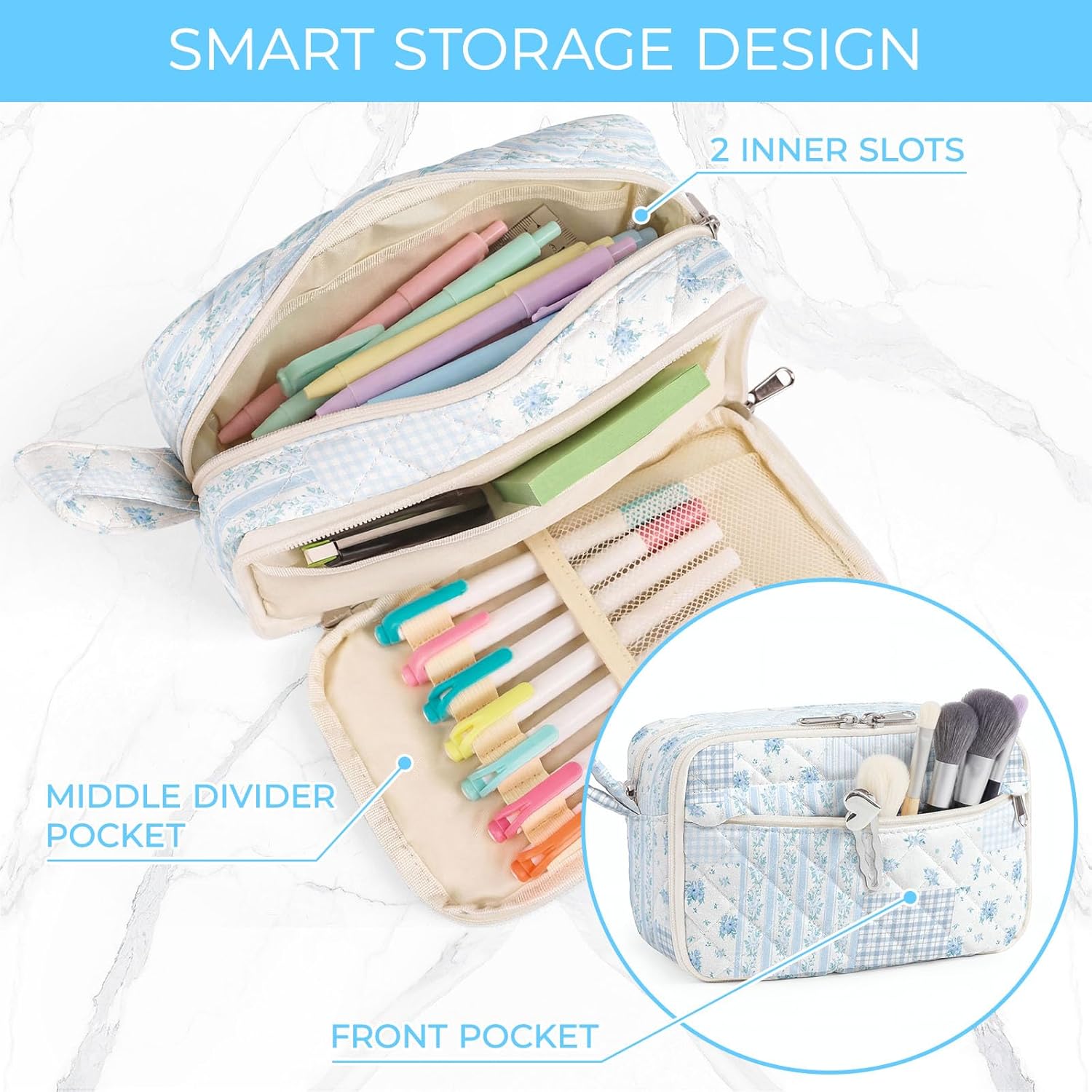 WOBAGMEN Quilted Pencil Pouch for Girls Women, Large Pencil Case Pouch with Compartments Cute Aesthetic Pencil Case Organizer, Floral Pencil Bag for School Supplies (Blue Patchwork) thumbnail