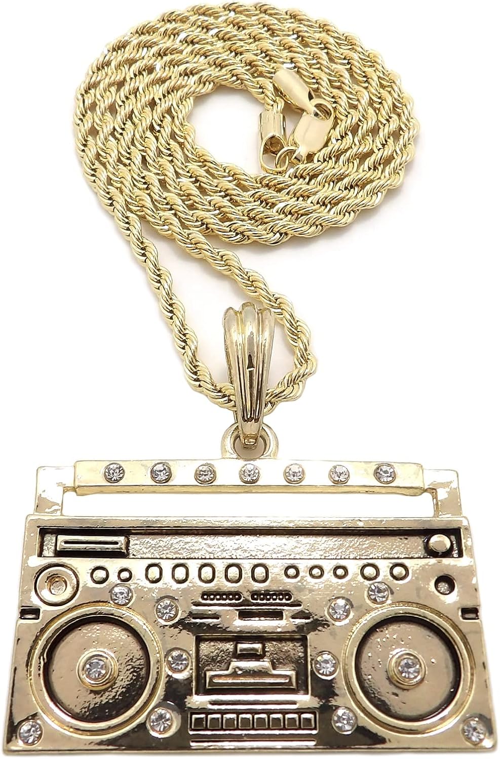 Men's Music Boombox Pendant 18/20/24" Box, Cuban, Rope Chain Necklace in Gold or Rhodium Tone
