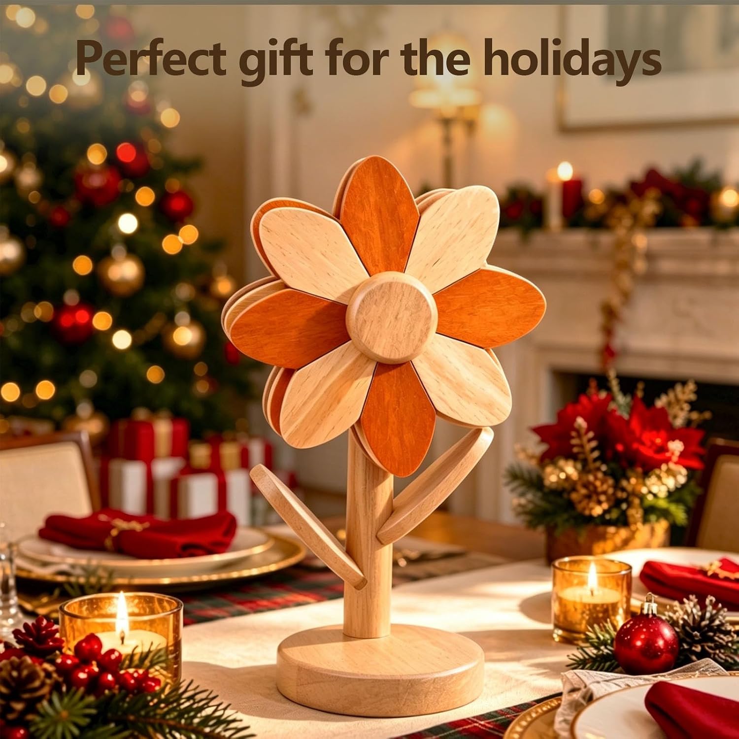 5PCS Sunflower Trivets Set for Hot Dishes, Wooden Trivets with Tree Stand | Heat Resistant Foldable Tree Shape Trivet Set for Pots, Pans, Teapot, Bowl, Kitchen Wooden Trivet, Countertop Decor (Orange)