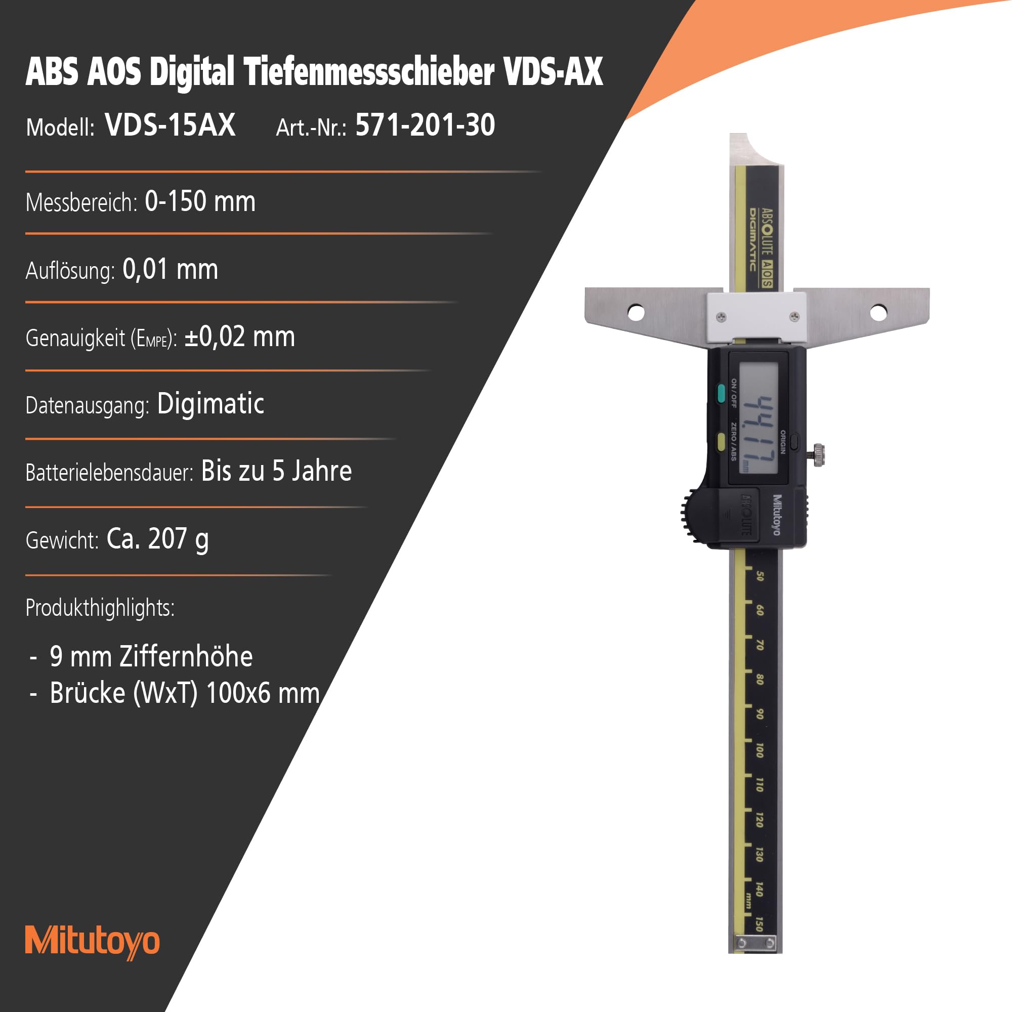 Mitutoyo Digital ABS AOS Tiefenmessschieber, 0-150 mm | 0,01 mm, Tiefenmessung, Datenausgang