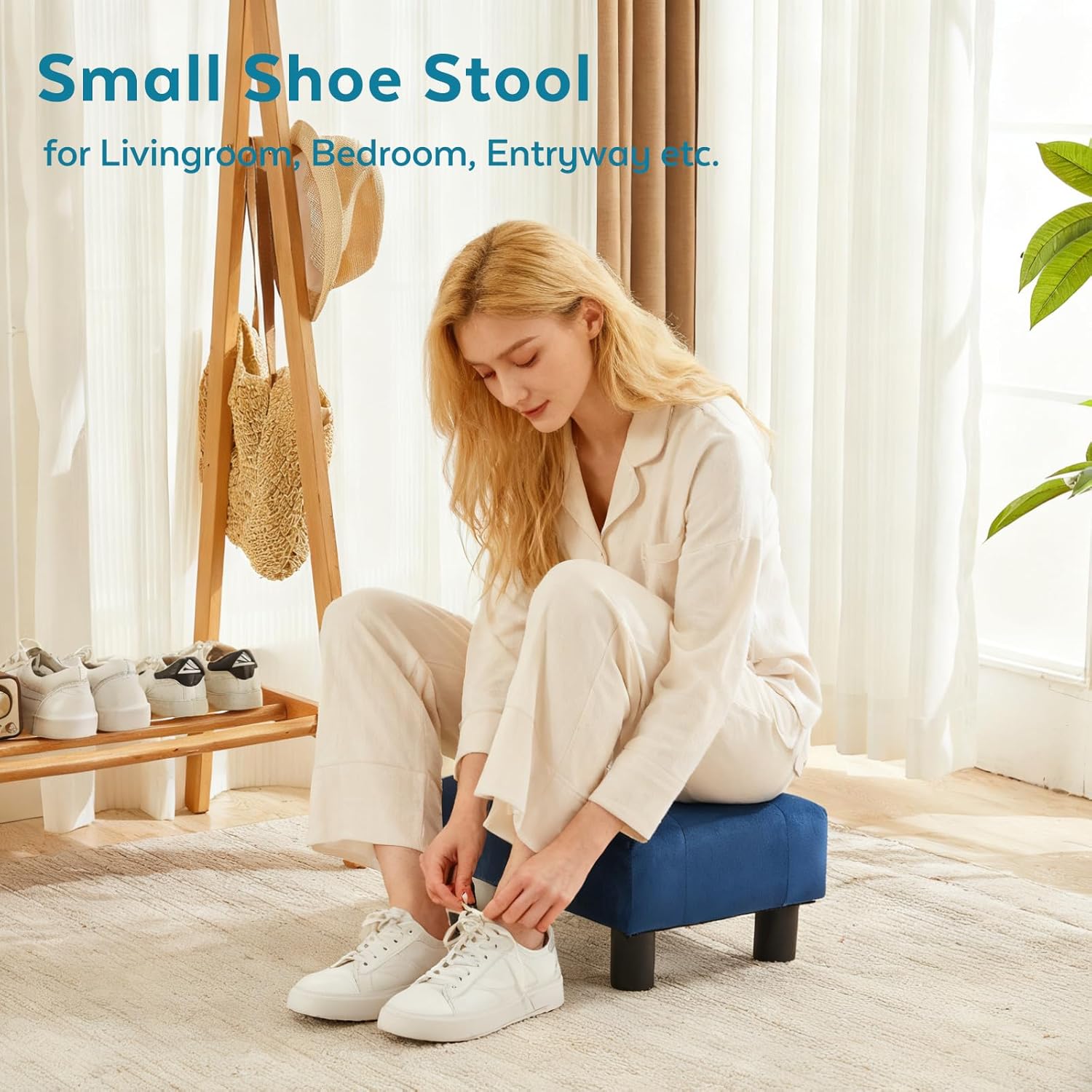 Small Foot Stool Ottoman, Velvet Footstool Ottoman Foot Rest for Couch, Rectangle Footstools and Ottomans Small for Living Room, Entryway and Bedroom (Blue)