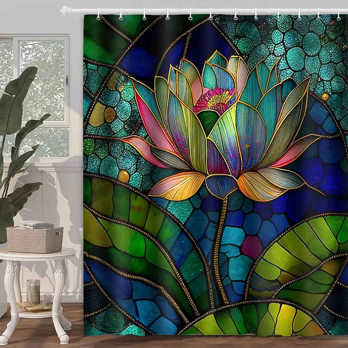 Stained Glass Shower Curtain, Vintage Glass Lotus Flowers, 72x78inch image 2