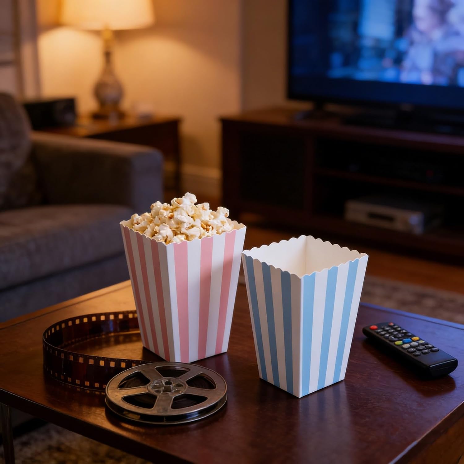 LUOZZY 24 Pcs Blue Pink Striped Paper Popcorn Boxes for Movie Theater Snack Containers