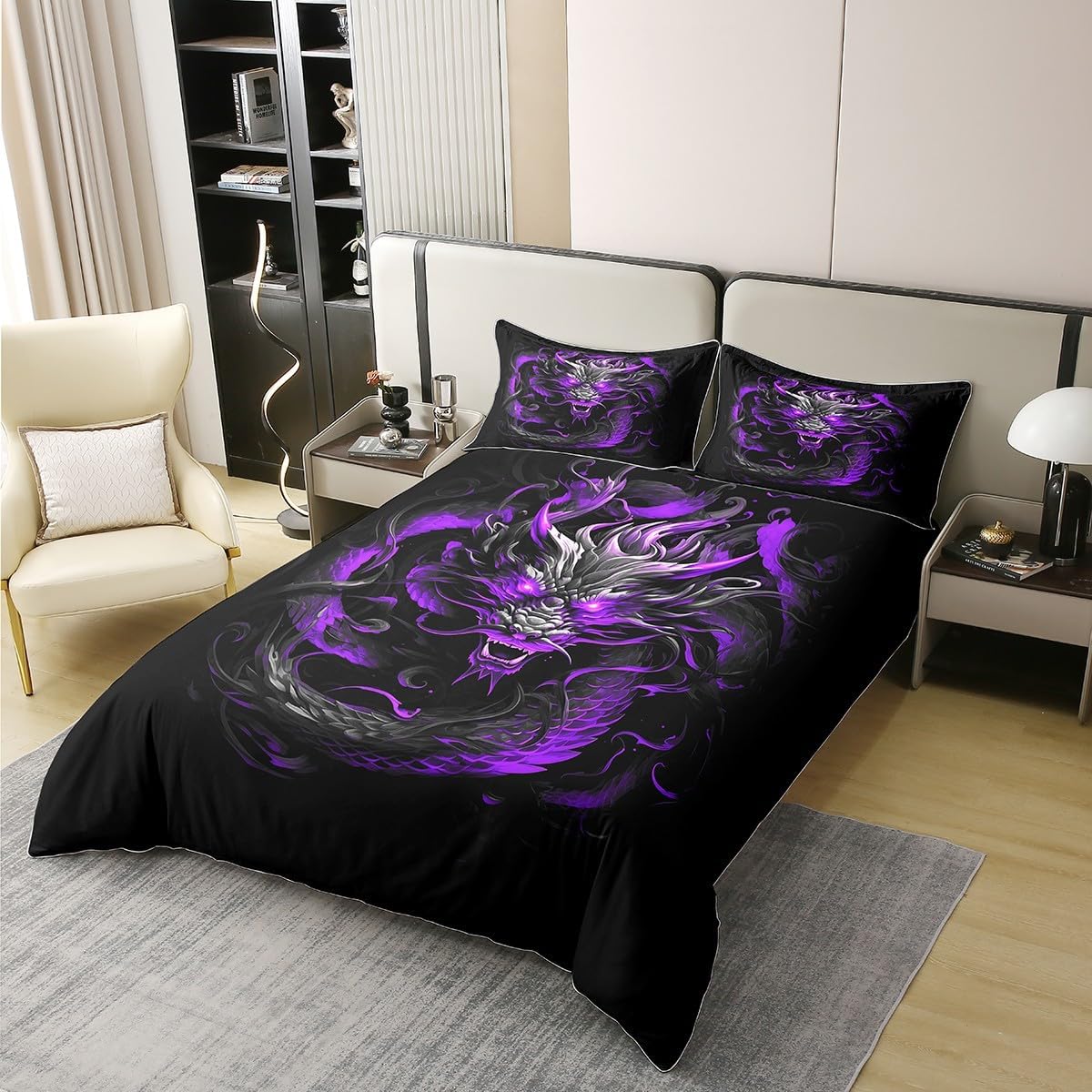 100% Cotton Gothic Dragon Duvet Cover,Mystic Ancient Animal Western Boho Magical Comforter Cover(No Filler),3D Purple Flame Burning Fire Print Decorative Quilt Cover,3Pcs Full Size