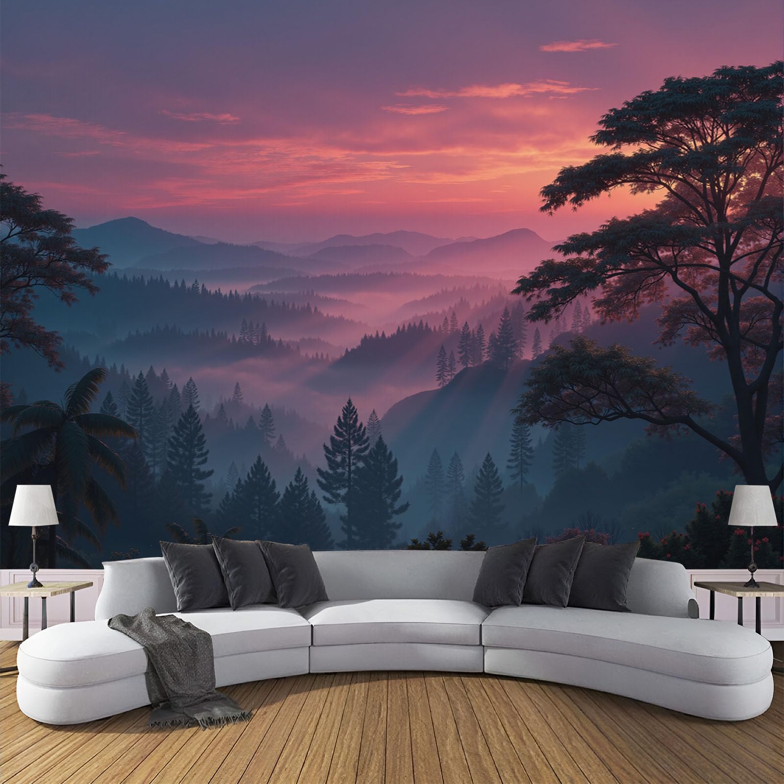 Papier peint panoramique mural montagnes pour agrandir visuellement un salon
