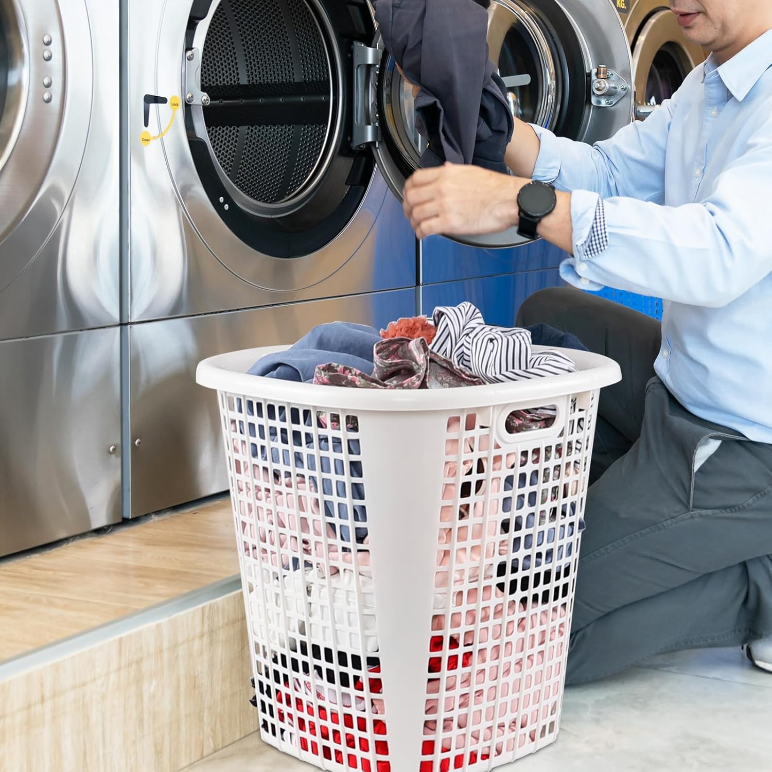 50L Tall Plastic Laundry Hampers with Cut Out Handles, Plastic Laundry Baskets, White, 6 Packs