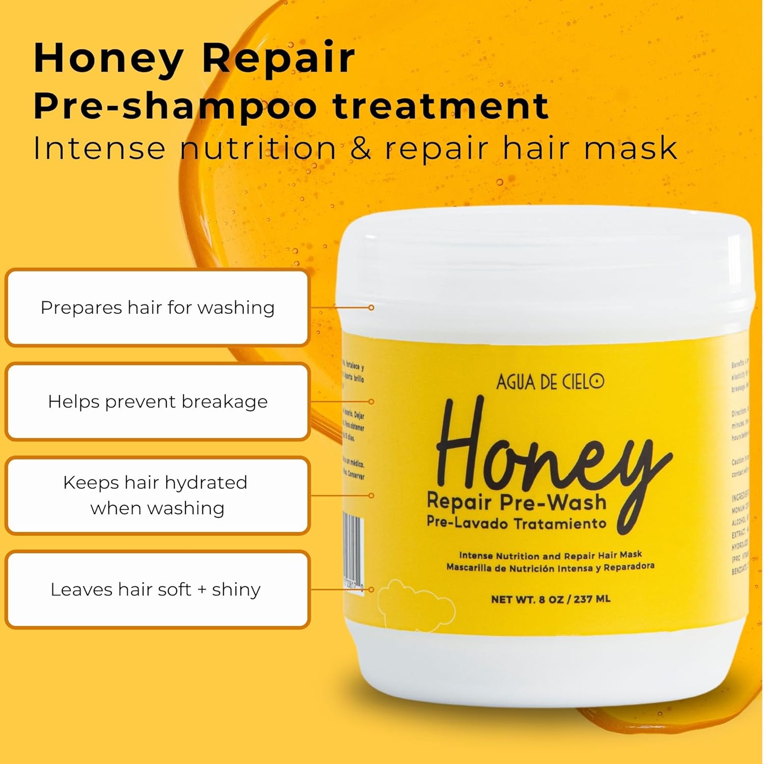 Agua de Cielo Honey Repair Pre-Shampoo - Potent Hair Mask for Dry, Damaged & Color-Treated Hair, Hydrates, Protects & Prevents Breakage, With Castor Oil, Shea Butter & Hydrolyzed Keratin - 8 Oz