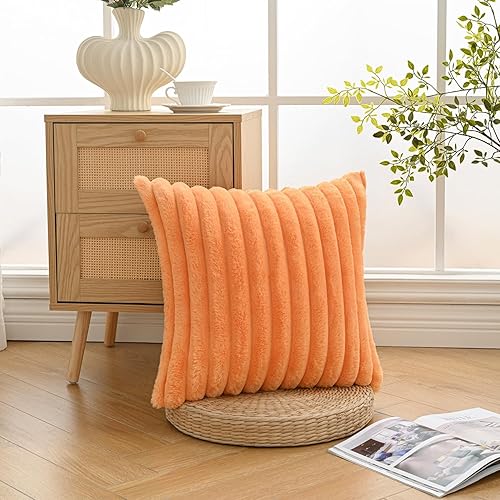 Miniatura 29 de Volcanics Paquete de 1 funda decorativa de felpa de piel sintética de doble cara de 18 x 18 pulgadas, fundas de almohada suaves y esponjosas a rayas