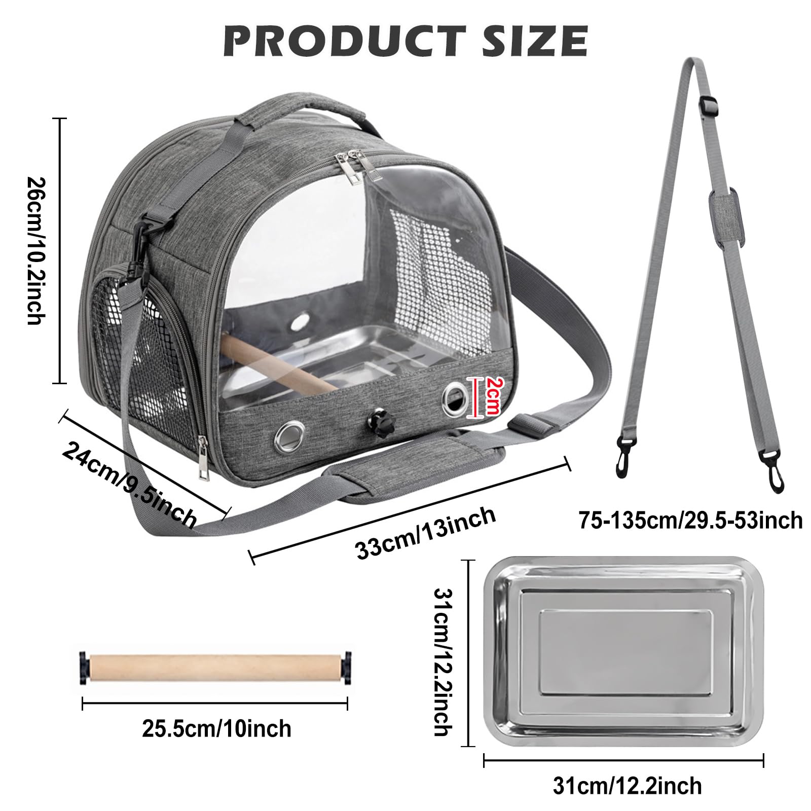 Bolsa de transporte portátil para pájaros, jaula para pájaros, loros, periquitos, animales pequeños para viajes, senderismo, camping, con barra de pie y bandeja de acero inoxidable