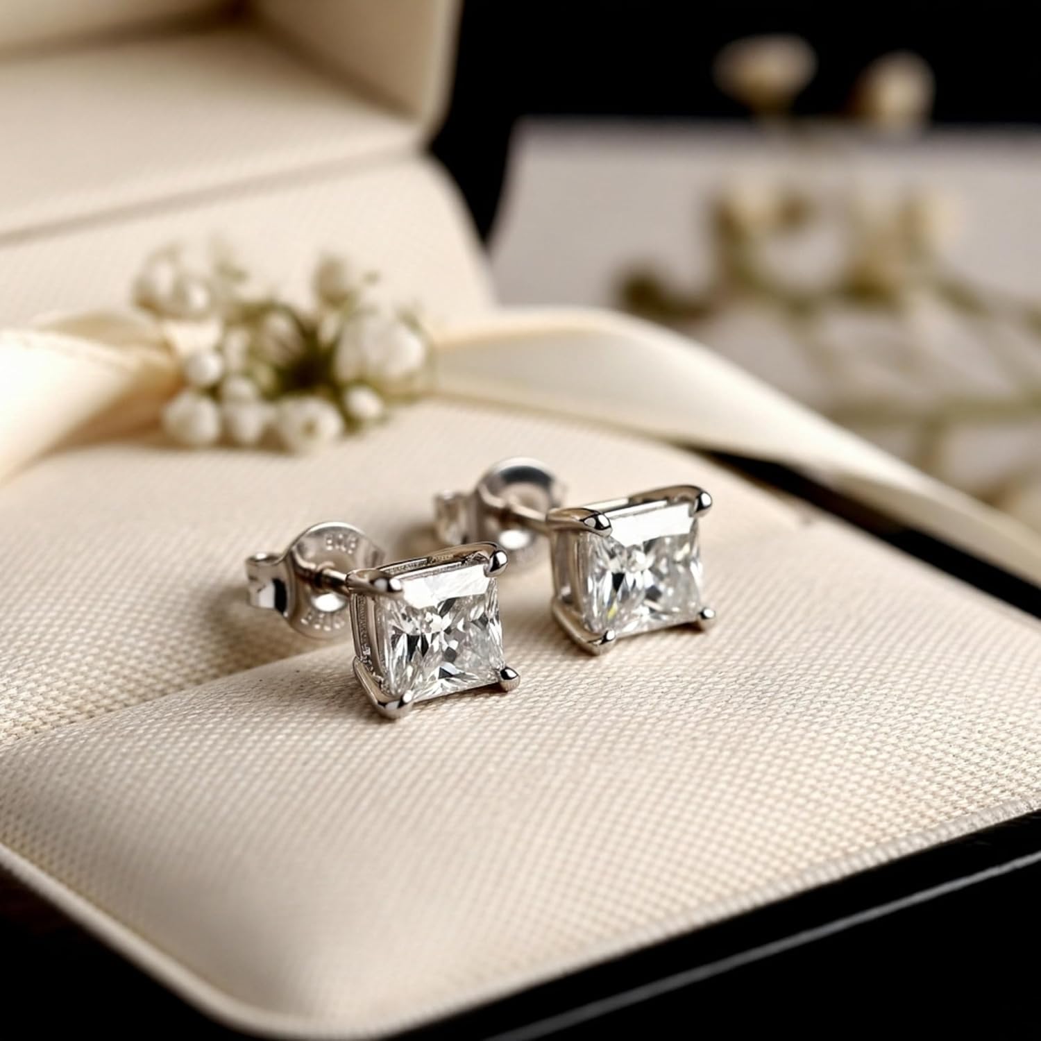 Princess Cut Diamond Stud Earrings – 0.05CT I3 Clarity – 14K White Gold with Secure Screw Back – Elegant & Timeless Jewelry for Women & Men