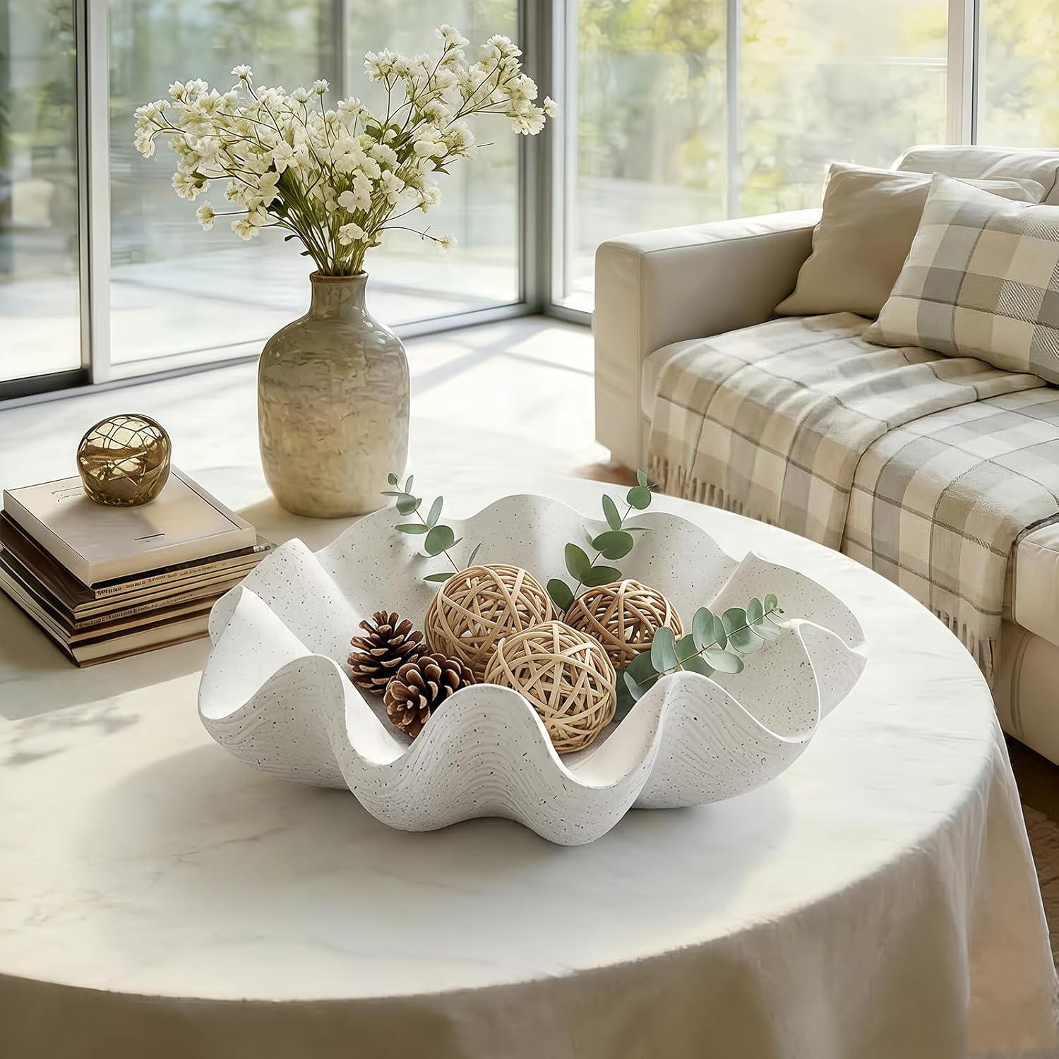Scalloped Decorative Bowl Home Decor - 12.6" Modern Handicraft Large Shell Ruffle Decorative Fruit Bowl for Kitchen Counter, Chic Key Tray for Entryway Table, Artificial Stone White