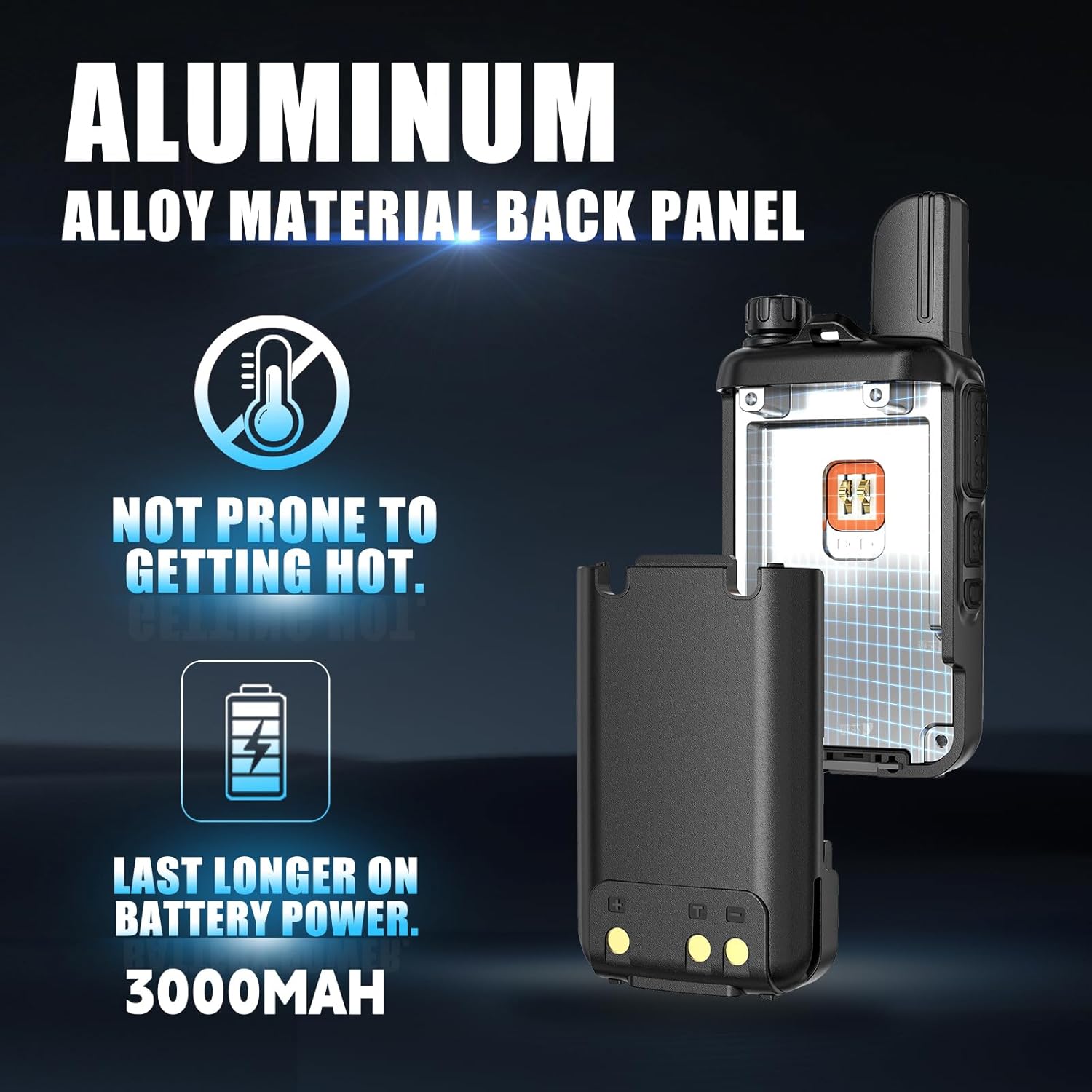 Close-up of the KAYOTOM AT-600's aluminum alloy back panel with battery removed