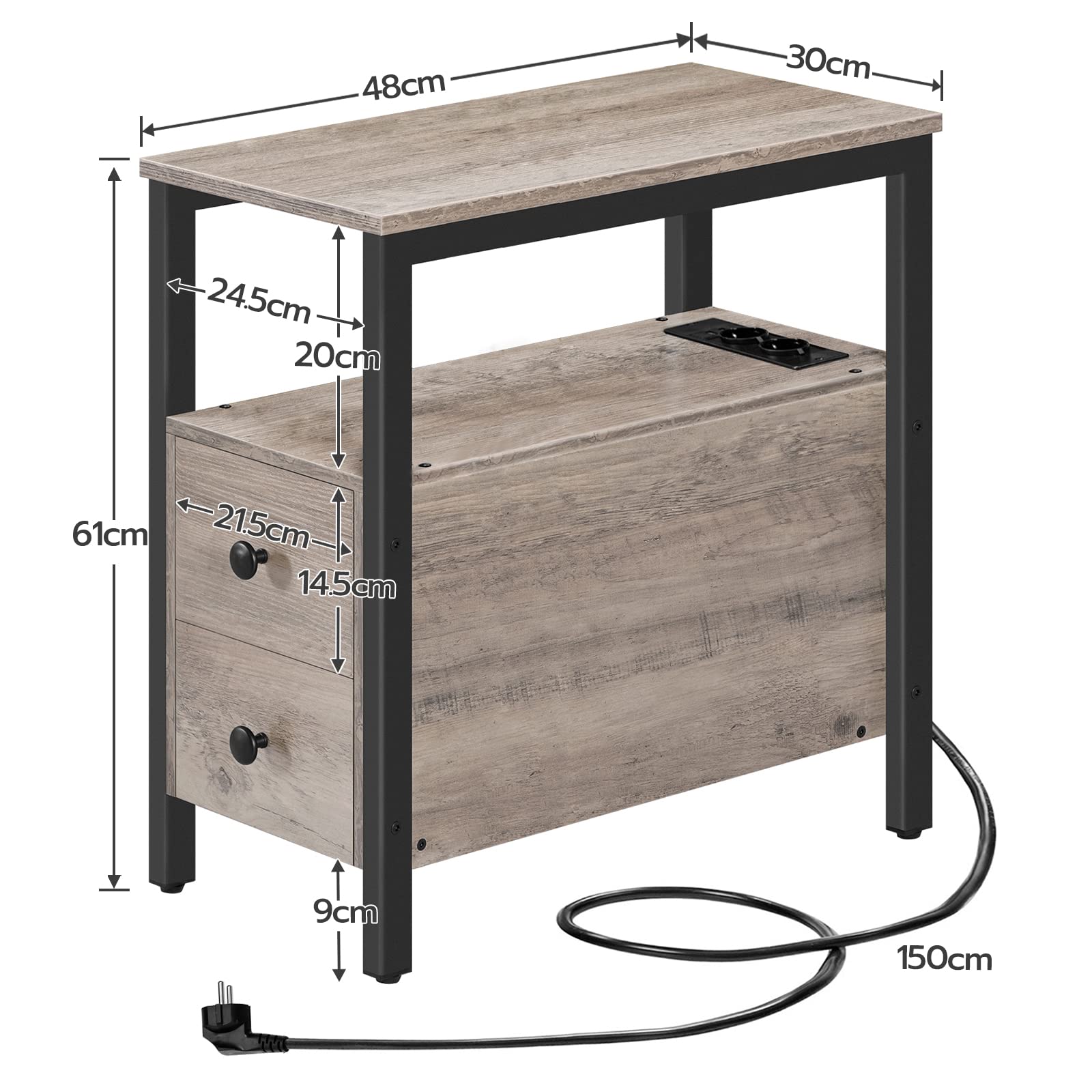 HOOBRO Table d'Appoint avec Station de Charge, Table de Chevet avec 2 Tiroirs, Ports USB et Prises de Courant, Bout de Canapé pour Petits Espaces, Salon, Chambre, Grège EBG542BZ01