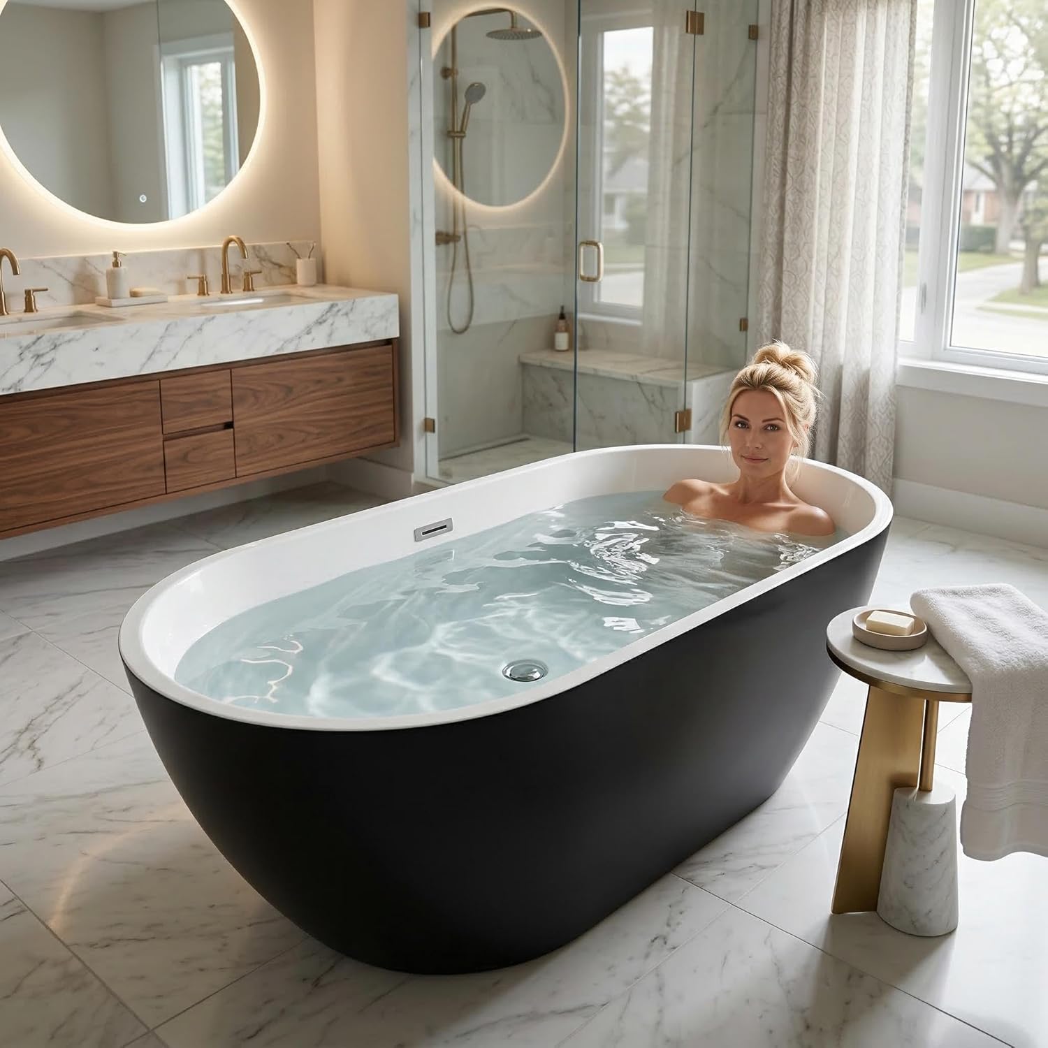 Freestanding Bathtub, Acrylic, Deep Soaking, Modern Upright Bathtub with Matte Drain and Black Overflow, Durable Double Wall, Freestanding for Bathroom, 67'', White