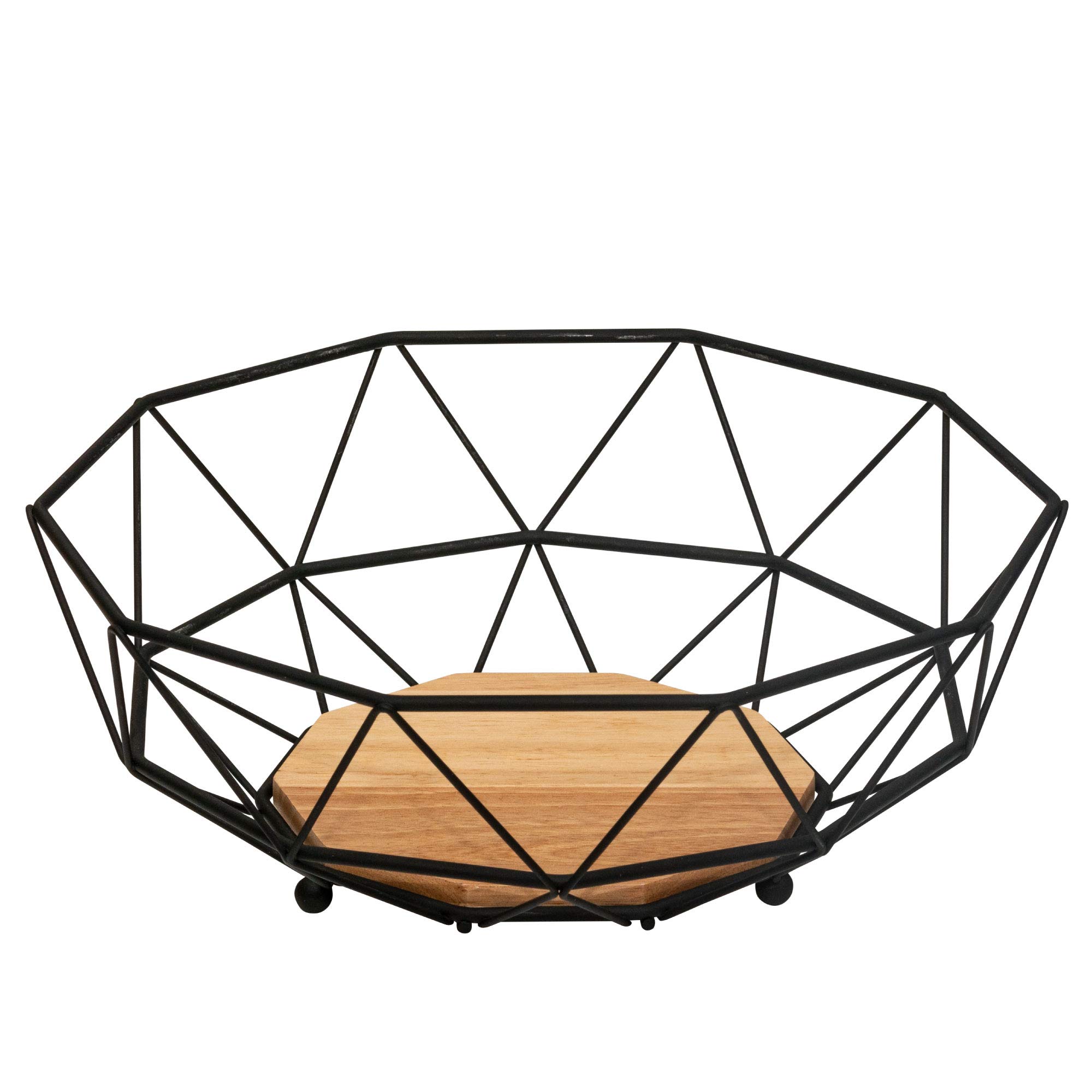 Rubberneck Frutero de Metal con Base de Madera de Bambú, Color Negro | cesto multiusos con inserto de roble, para pan, decoración, cocina, salón y baño, moderno, elegante, práctico, útil