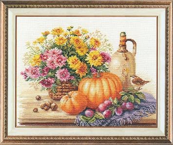Still Life with Pumpkin Cross-Stitch kit on Aida 14 Count Canvas. Fresh Flowers, Plums and Bird. Cross Stitch kit by Alisa 5-15