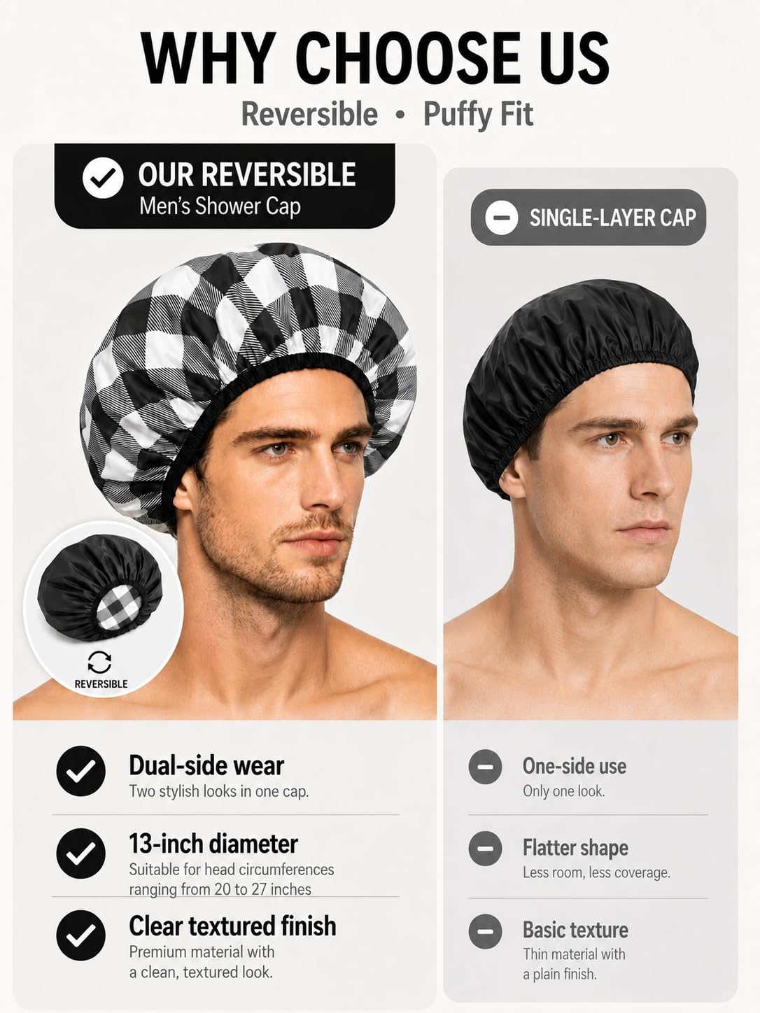 Aquior Shower Cap for Men, Large Waterproof Reusable Shower Cap for Braids & Long Hair, Jumbo Double-Sided Hair Cap for Shower, 13" Reversible Large Mens Bath Cap