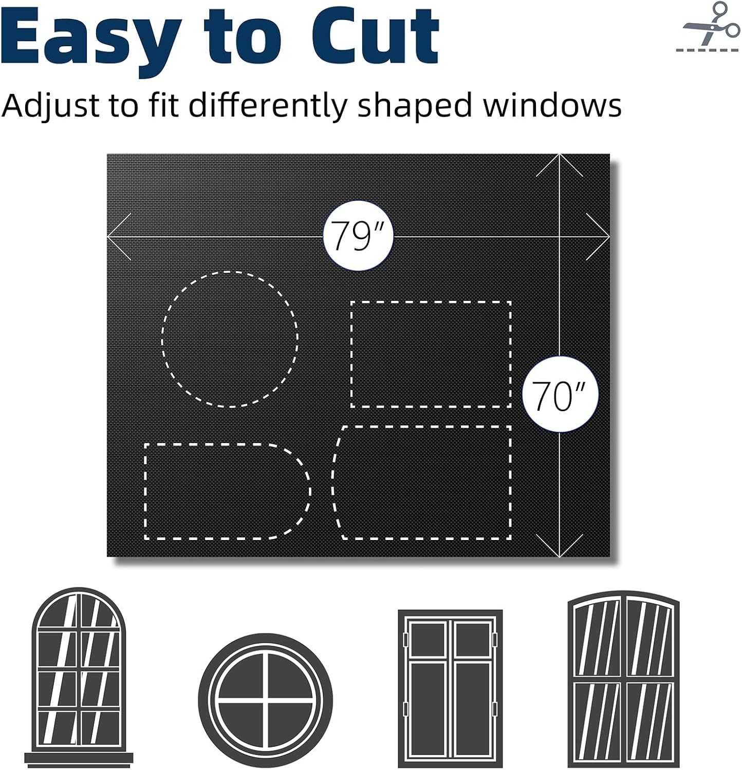 NIGHTON Portable Blackout Curtains 79"×70", Strong Hook and Loop Tape Strips with Adhesive, Cuttable Blackout Window Cover, 100% Black Out Material Blinds for Baby Nursery or Travel - Black