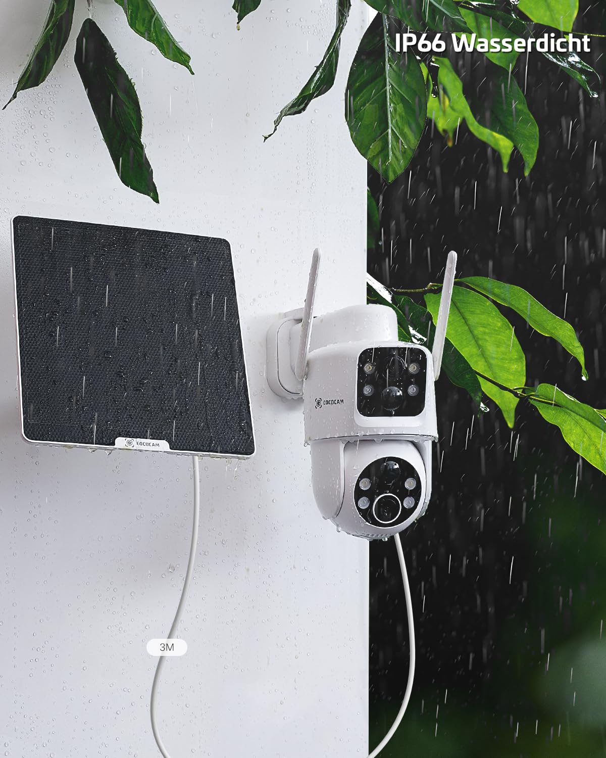 COCOCAM 2K Überwachungskamera Aussen Akku WLAN mit Dual-Objektiv | Solar Kamera Outdoor, Dual PIR, 10000mAh Akku, 355°P 90°T, 6W Sonnenkollektor, Farbnachtsicht
