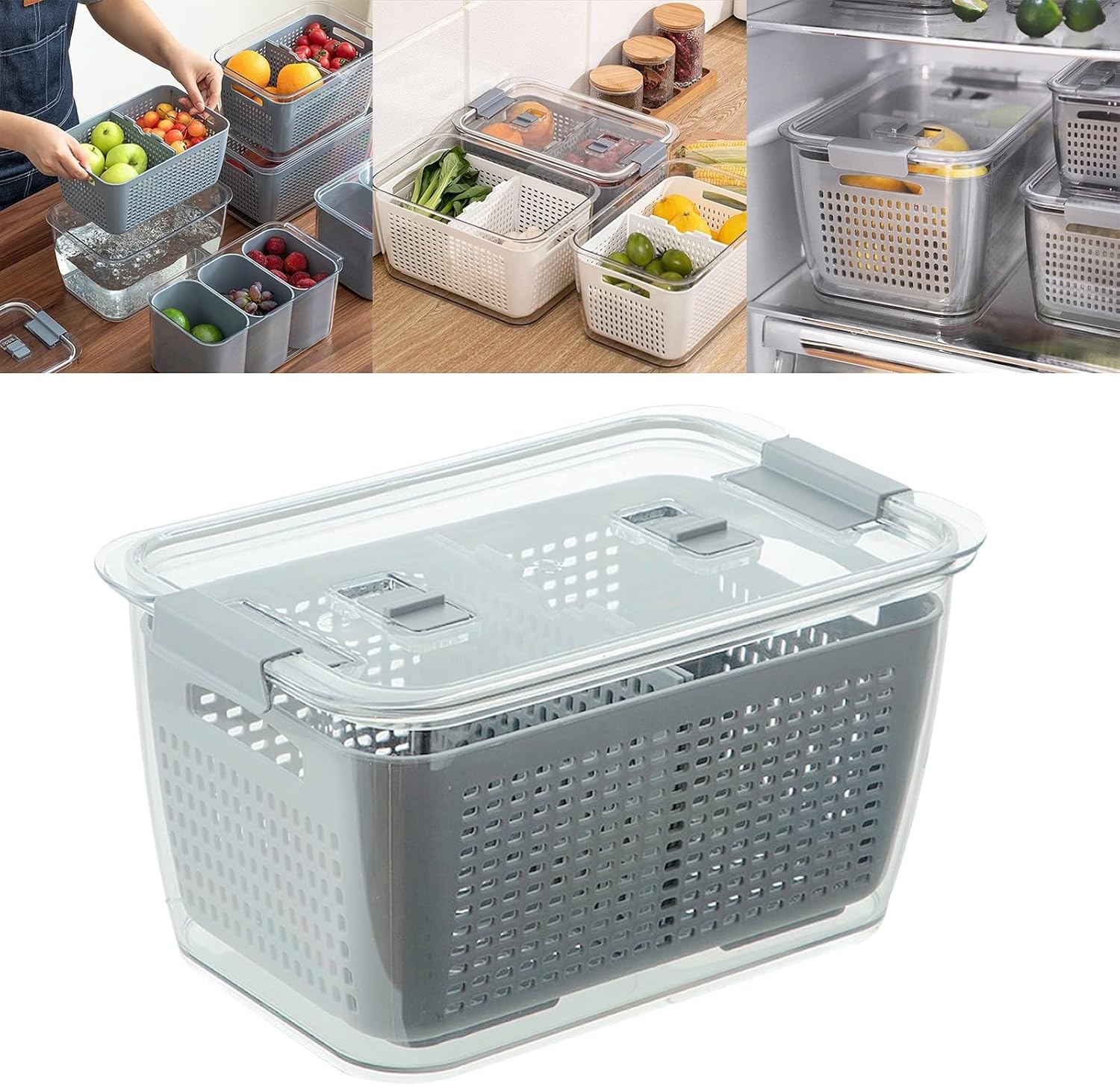 Food Containers 3-in-1 Fridge Drainage Basket w/Lid Vegetable Fruit PP Food Partitions Storage Box Fresh-Keeping Containers(Blue)