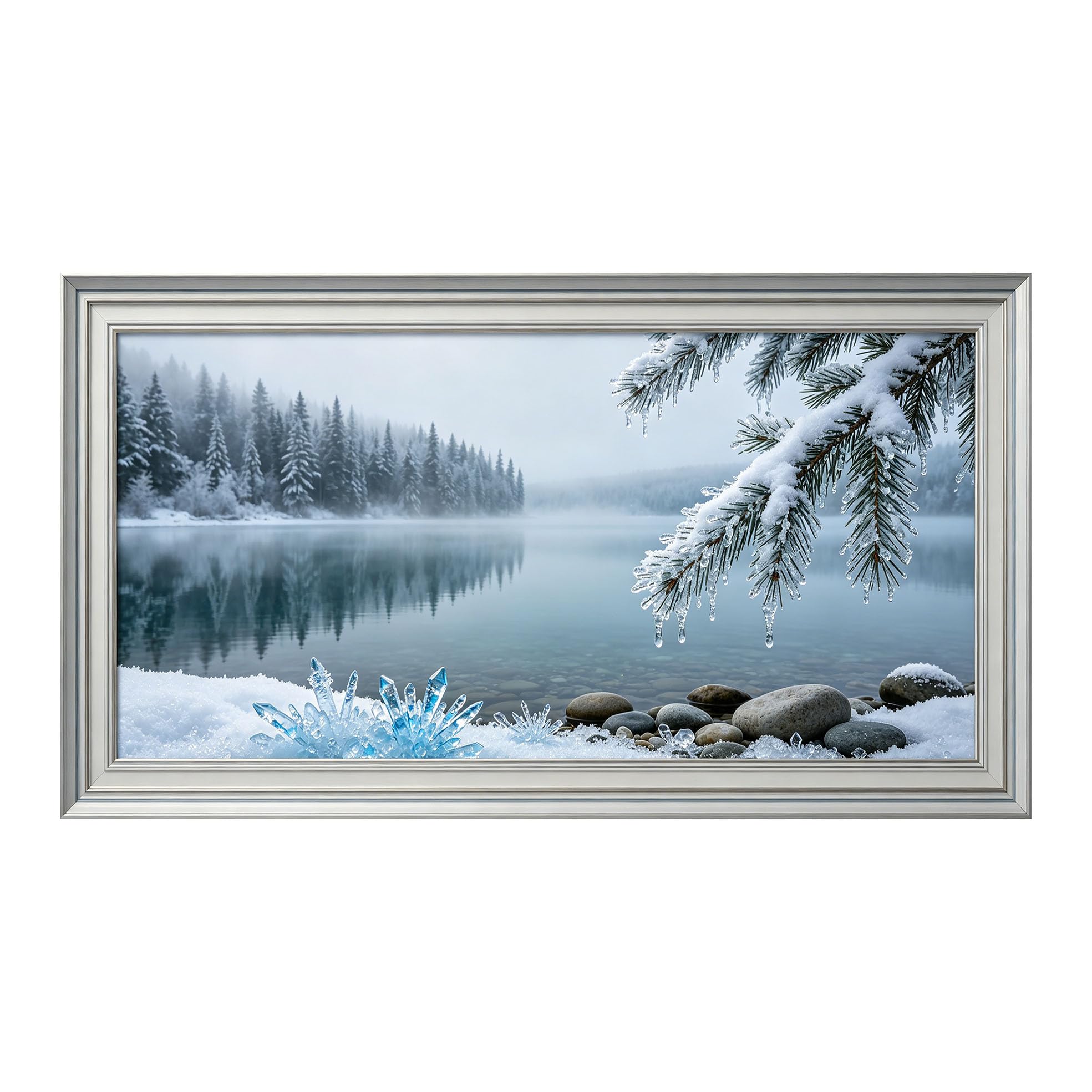 Yzpallescene 3D Framed Wall Art 50cm×100cm Snowy Lake Forest Panoramic Window View Realistic Oil Painting Large Size SelfAdhesive Removable Wall Decor Prints Artwork for Living Room Bedroom Office