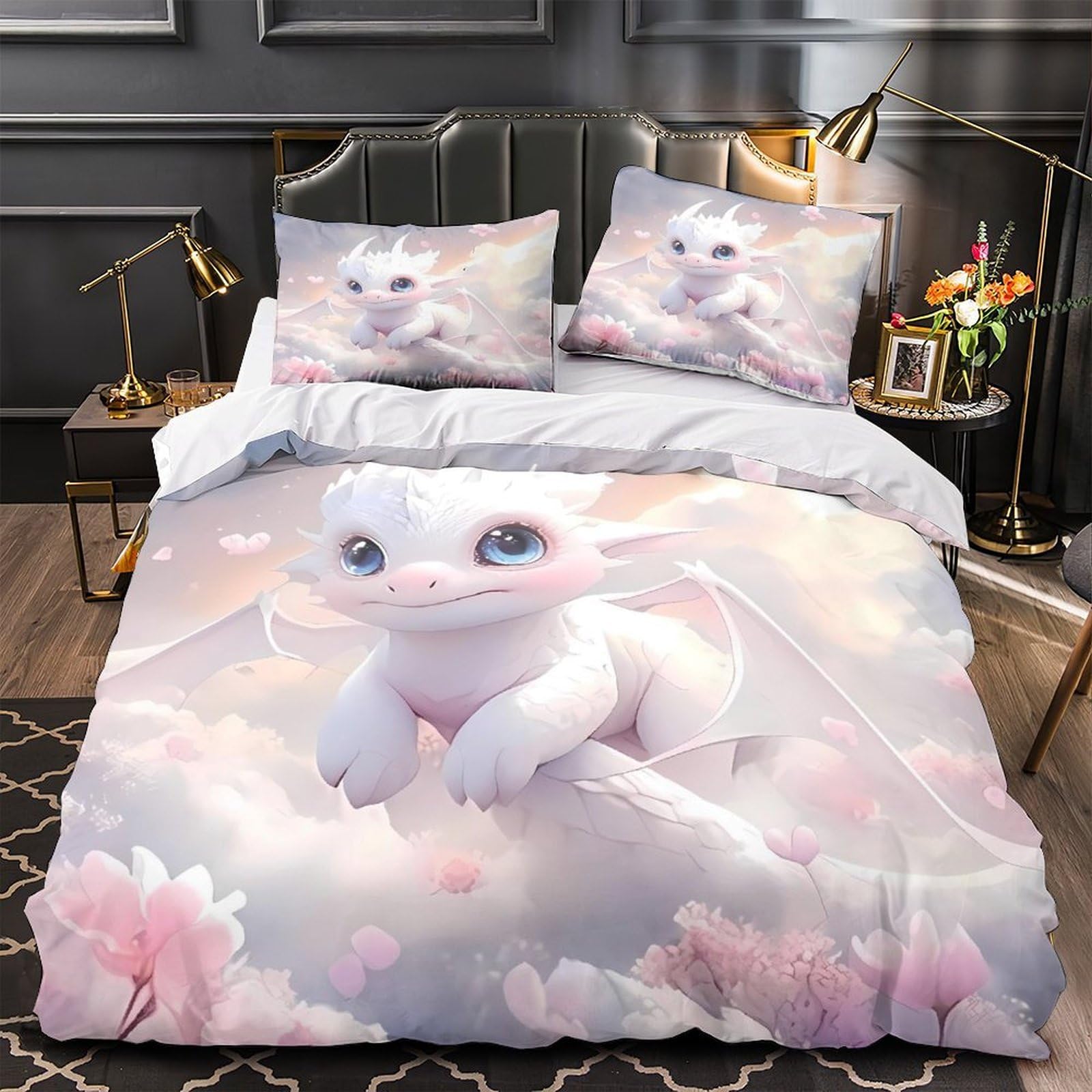 Parure de lit dragon blanche microfibre respirante et résistante pour grand lit enfant