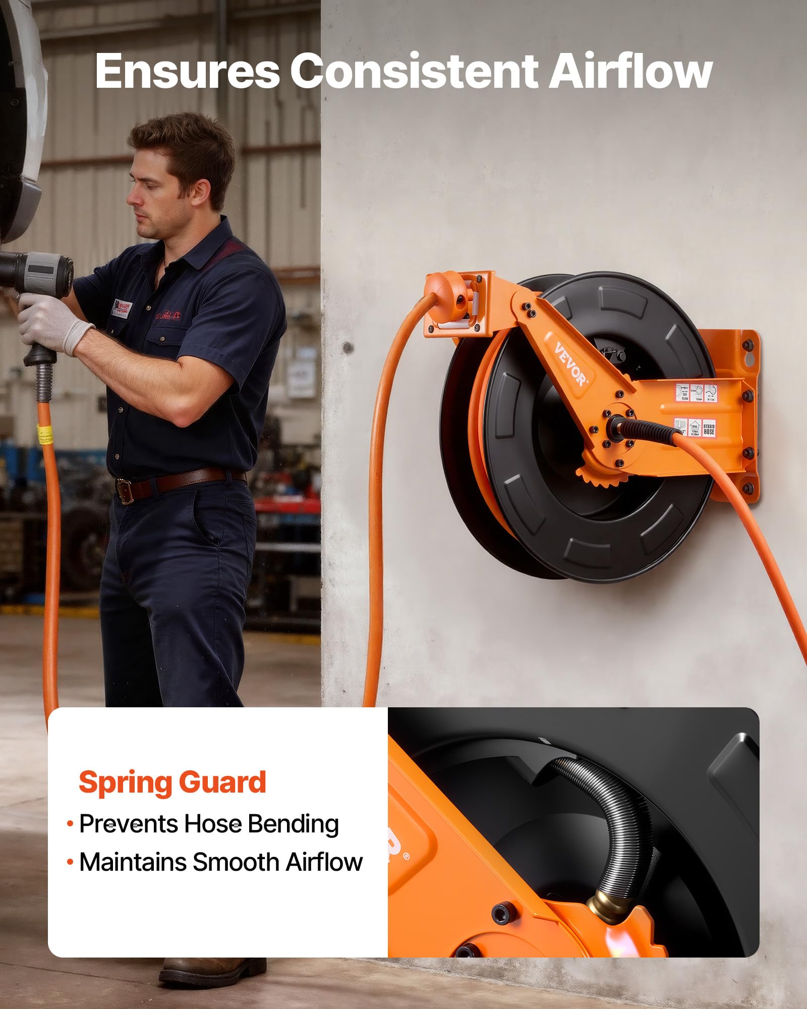 VEVOR Carrete de Manguera de Aire Retráctil 15 m x 9,5 mm, Manguera para Compresor de Aire Presión Máxima de 300 PSI, con Entrada de 1,52 m, Brazo Doble para Montaje en Techo o Pared, para Taller