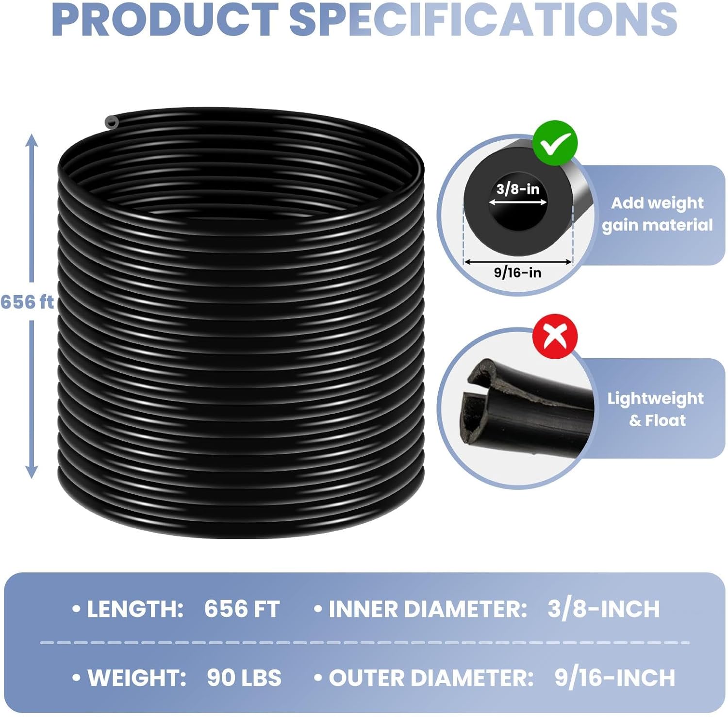 Self Sinking Aeration Hose, Non-Degradable and Anti-Toxic, Use for Aquaculture, Garden, Lake and Pond, 4 Stainless Steel Clamps 4 Copper Menders, 656Ft