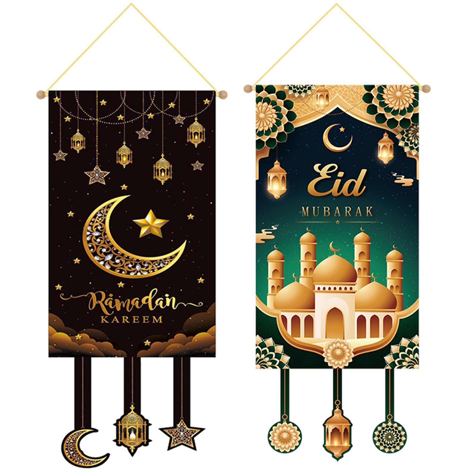 2PCS Eid Decorations Big Banner Background Golden Lantern