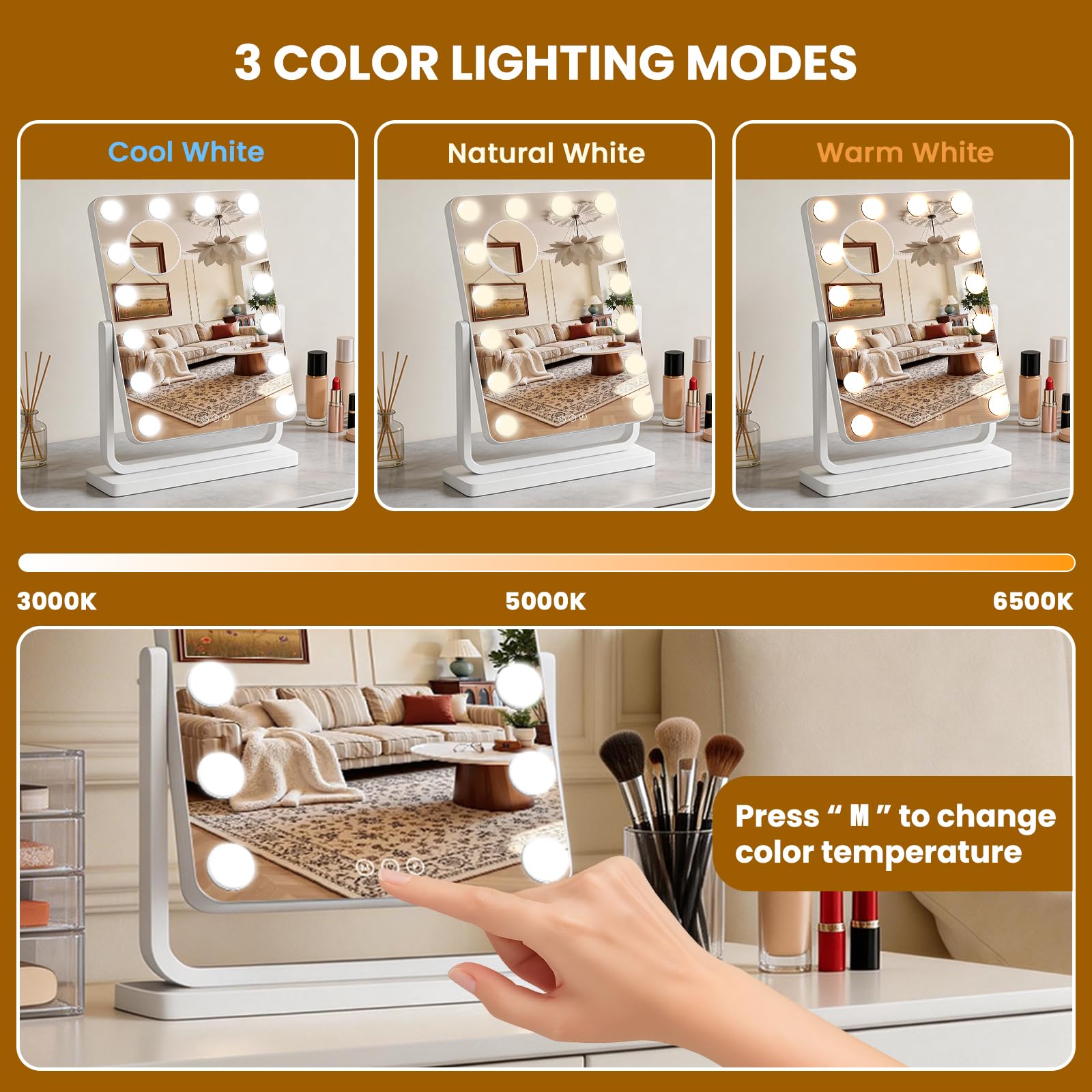 Bearolve Lighted Vanity Mirror with Dimmable 3-Color Lighting
