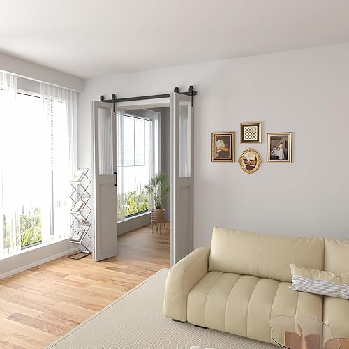 Vista 31 de DonYoung Kit de herrajes para puerta de granero plegable de 40 pulgadas para 2 puertas, rodillo de montaje lateral resistente para un deslizamiento