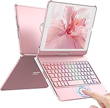 CC Store Keyboard for iPad 9 Generation, Spanish Ñ Bluetooth Keyboard with Hard Shell 360° Rotating with Touchpad and 7 Backlight Colours for iPad 10.2 Inch 9th/8th/7th Gen, Rose