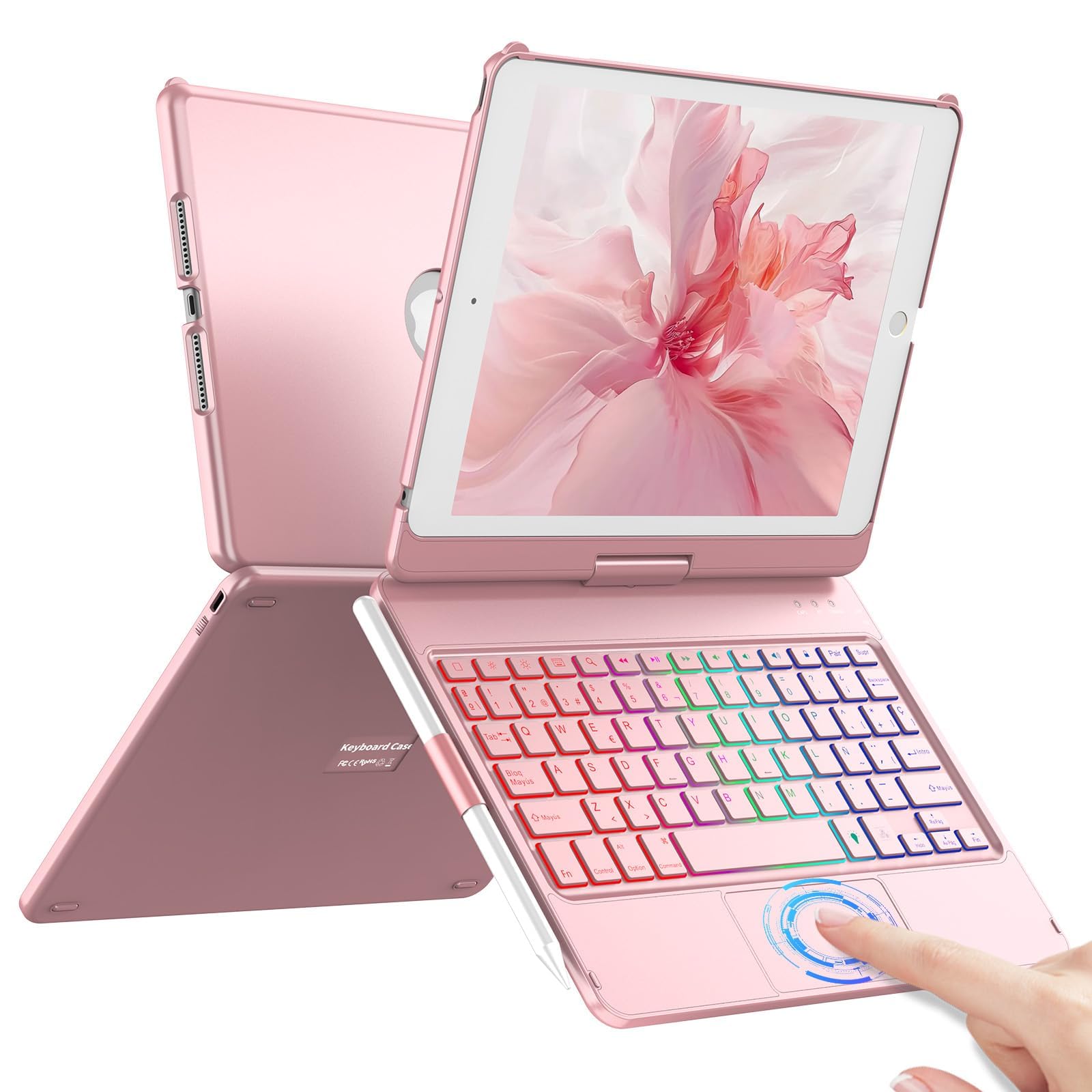 CC Store Teclado para iPad 9 Generacion,Teclado Español Ñ Bluetooth de Carcasa Rígida Giratoria 360° con Touchpad y 7 Colores de Retroiluminación para iPad 10.2" 9ª/8ª/7ª Gen, Rose