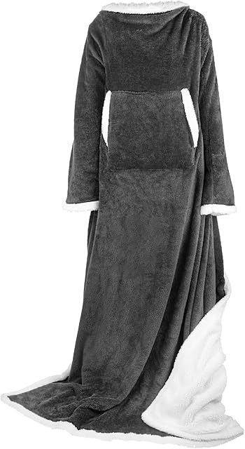 Adorila Sherpa Oversized Wearable Blanket, Thick Flannel Blanket for Adult Women and Men, with Sleeves and Pockets, Plush Robe TV Blanket for Couch, Sofa (Grey)