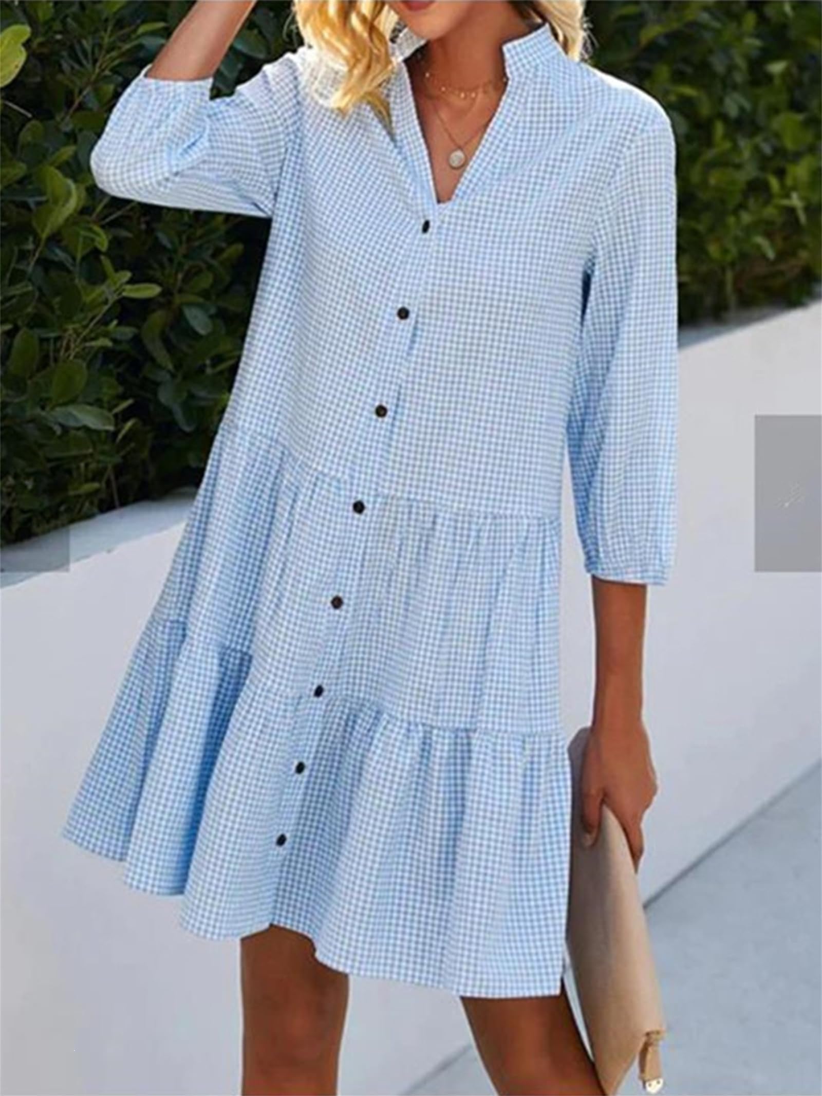 Abito Estivo Casual da Donna a Quadri Vichy, Modello a Trapezio a Balze con Maniche a 3/4 – Leggero e Ideale per Vacanze al Mare
