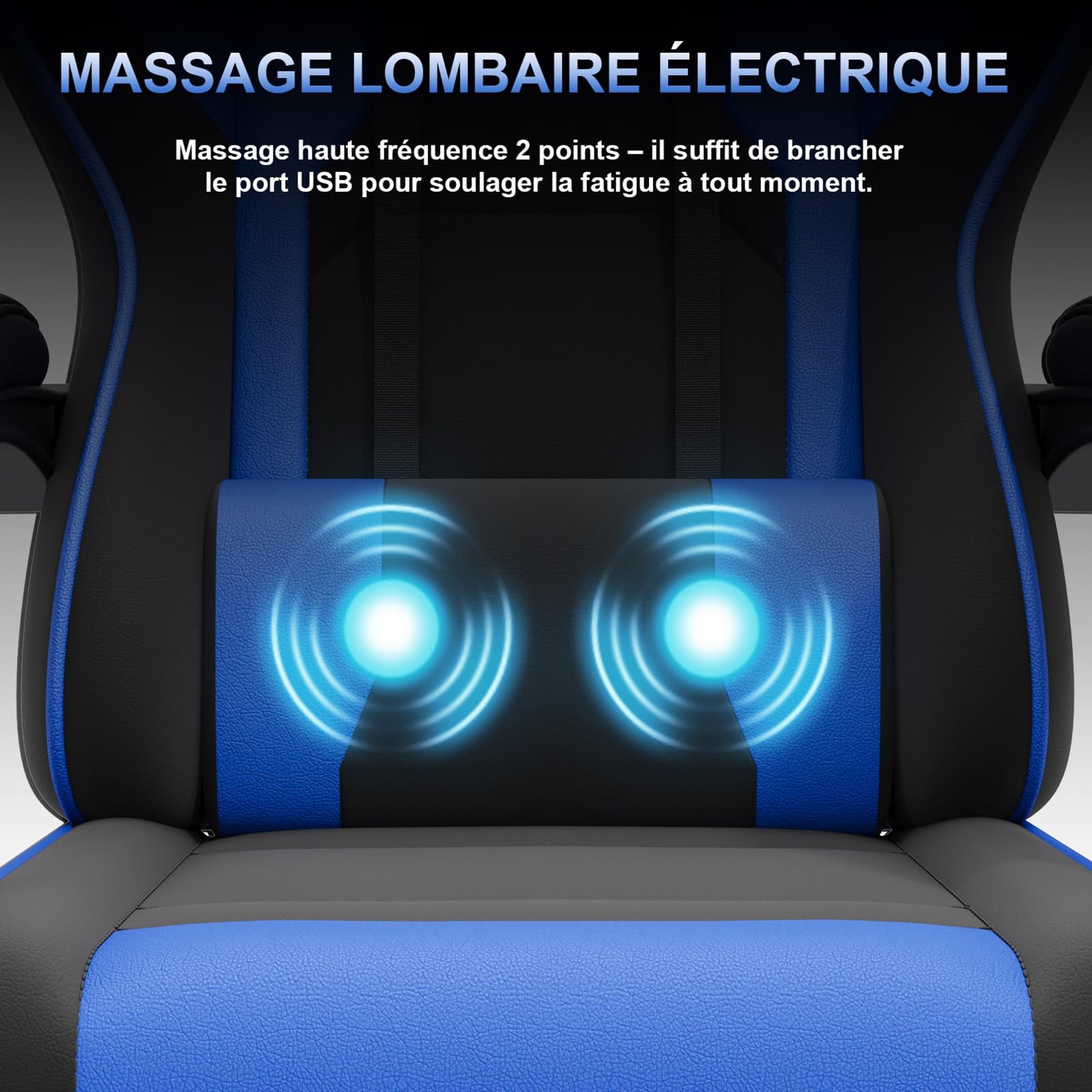 JUMMICO Chaise Gaming avec Massage Lombaire, Chaise Bureau Ergonomique avec Dossier Inclinable, Fauteuil Gaming avec Assise Douce et Résistante, Idéale pour Jeux et Boulot, Bleu