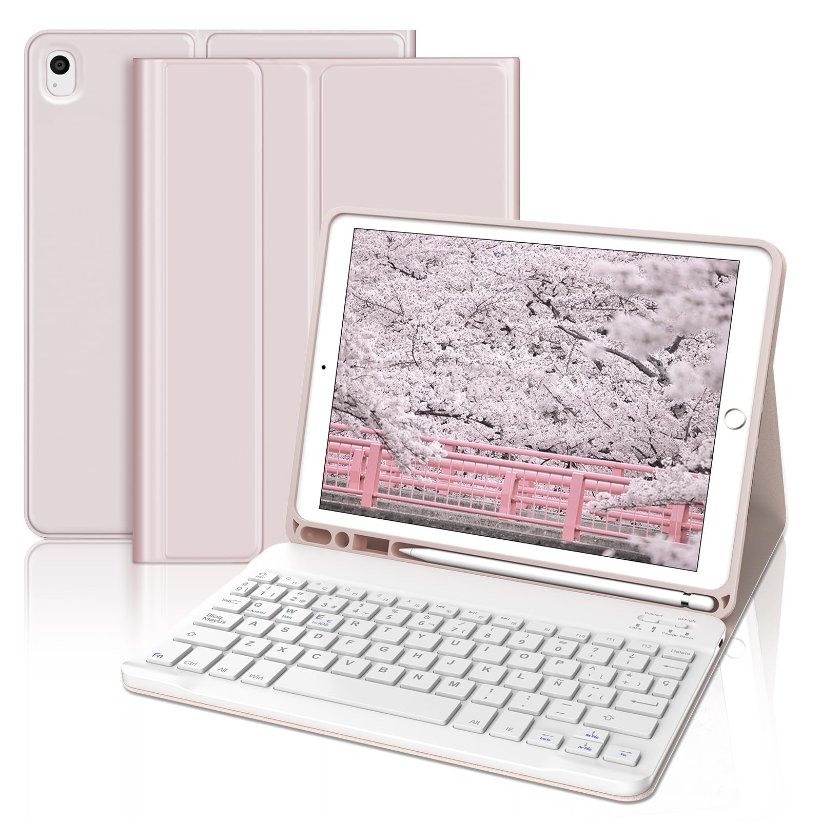 Funda con Teclado para iPad 9a Generación 10.2", Teclado Bluetooth Desmontable con Funda y Portalápices para iPad 9a Gen 2021/8a Gen 2020/7a Gen 2019/iPad Pro 10.5 2017 y iPad Air 3 2019-Rosa