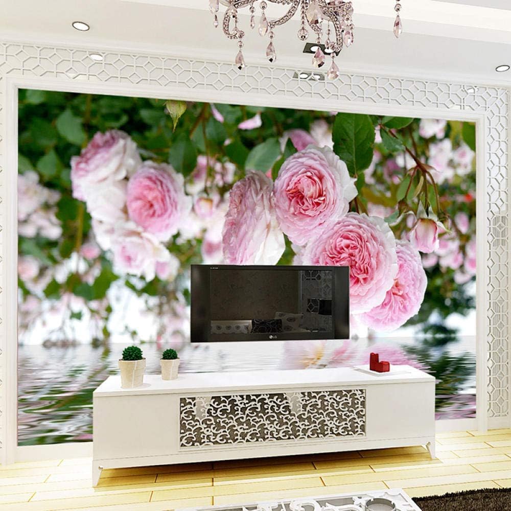 Papier peint trompe l'oeil 3D fleurs roses pour agrandir et décorer le salon a-372