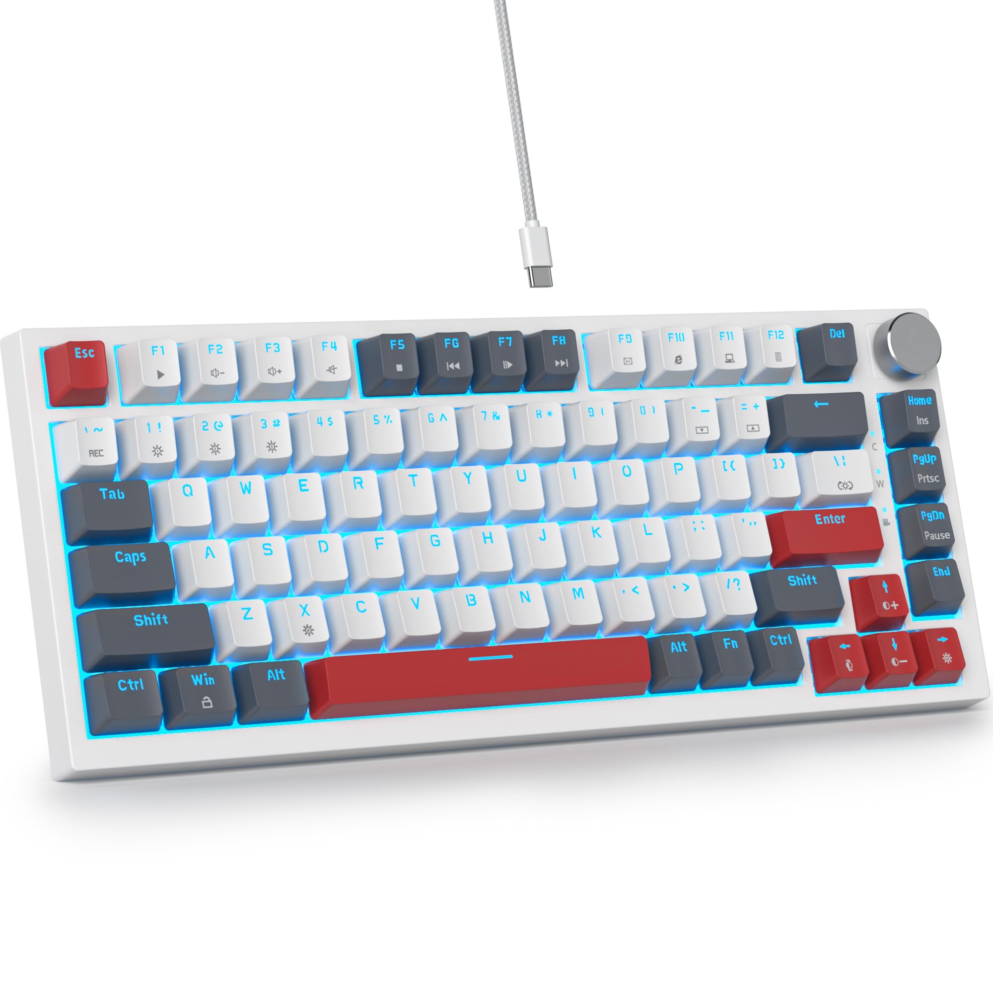 Custom Gaming Keyboard 75 Percent Hot-Swap, Wired Mechanical RGB Keyboard with Seal and Sound-Absorbing Pads Programmable American QWERTY V400 Grey White