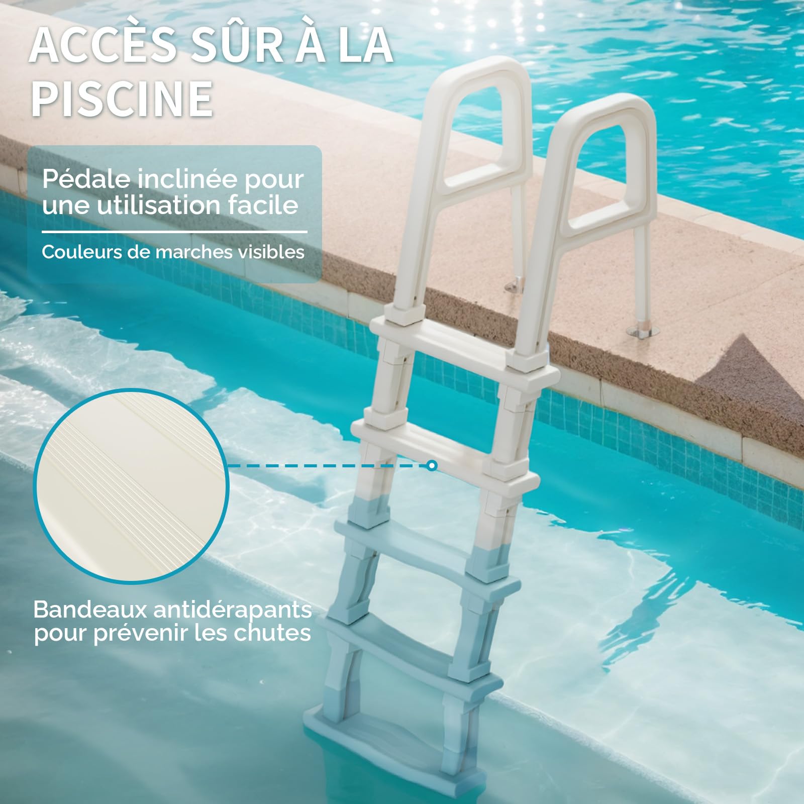 BONNLO Échelle de Piscine 5 Marches Antidérapantes, PE, Escalier de Piscine Uni-Côté, 150×60×60cm, Adaptée aux Piscines Hors Sol et Creusées, Blanc Cassé