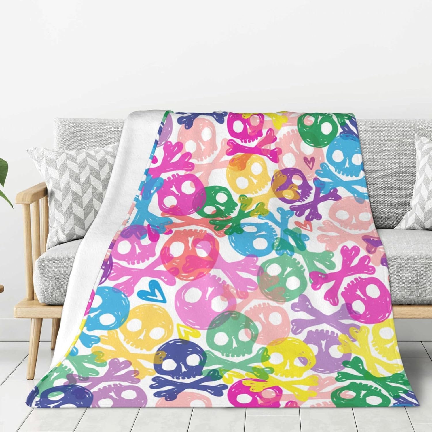 Colorful Sculls Throw Blanket for Bed Sofa Couch Beautiful Fleece Blankets Lightweight Soft Cozy 50"x40"