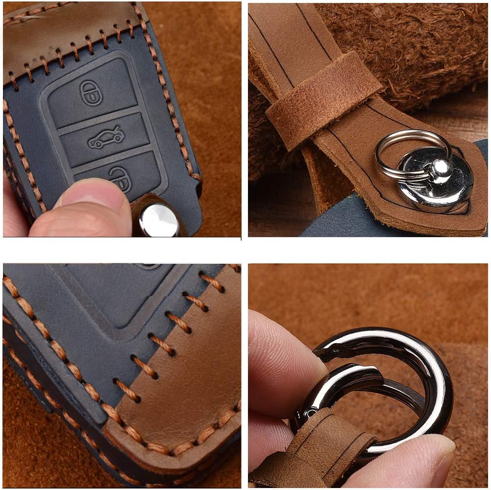XITER Keyless Entry Remote Cover Leather Key Fob Case+Key Chain Ring For VW Passat Tiguan Atlas Golf Alltrack Jetta Skoda Superb A7 Skoda Skoda Kodiaq (BROWN)