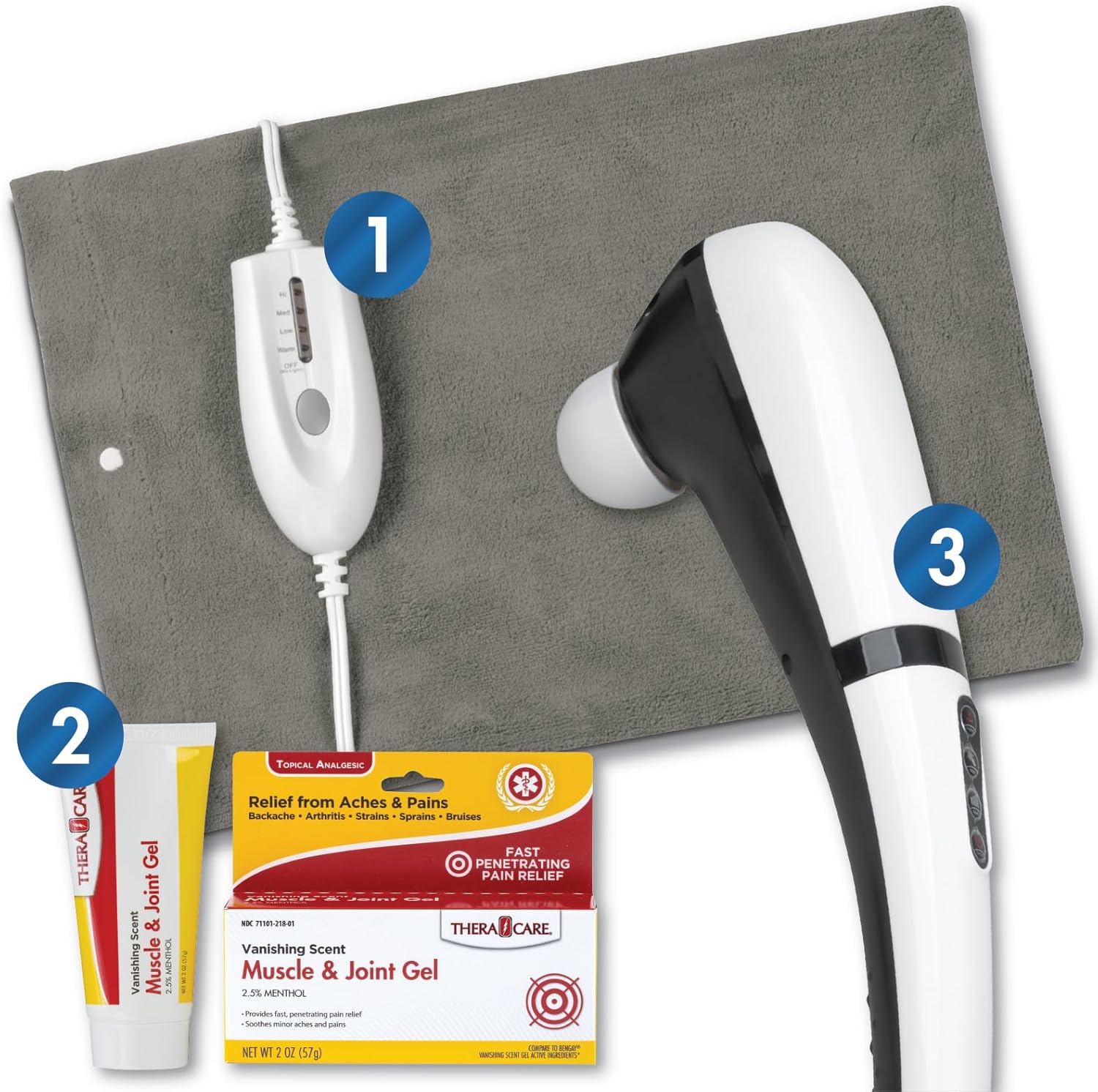 Pain Management Bundle 3-Piece | Personal Deep Tissue Massager | Muscle & Joint Pain Relief Gel | Deluxe Moist Dry Heating Pad | Therapeutic Care at Home | Whole Family Care